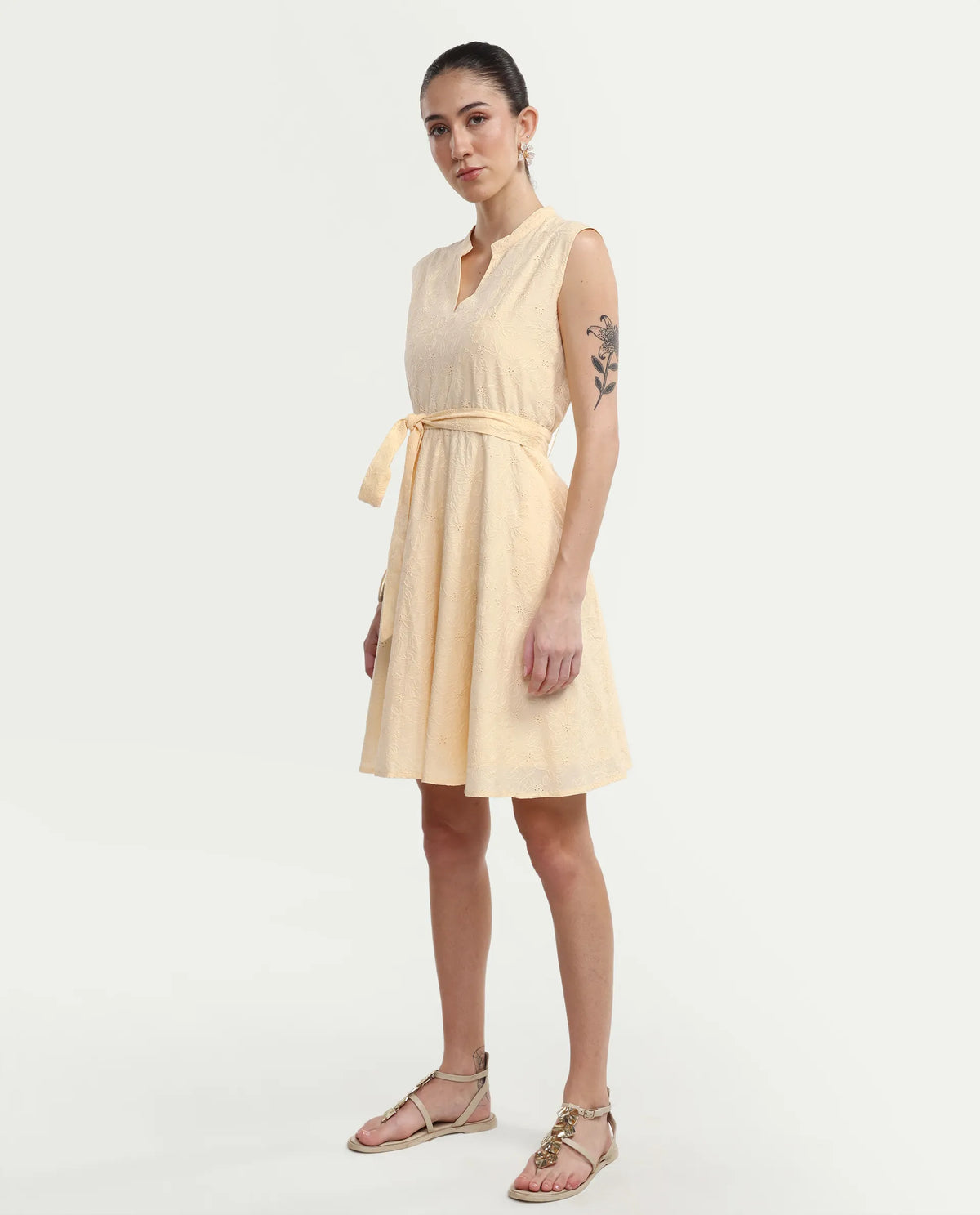 Rareism Women's Rumi Pastel Yellow Cotton Sleeveless Band Collar Regular Fit Plain Dress