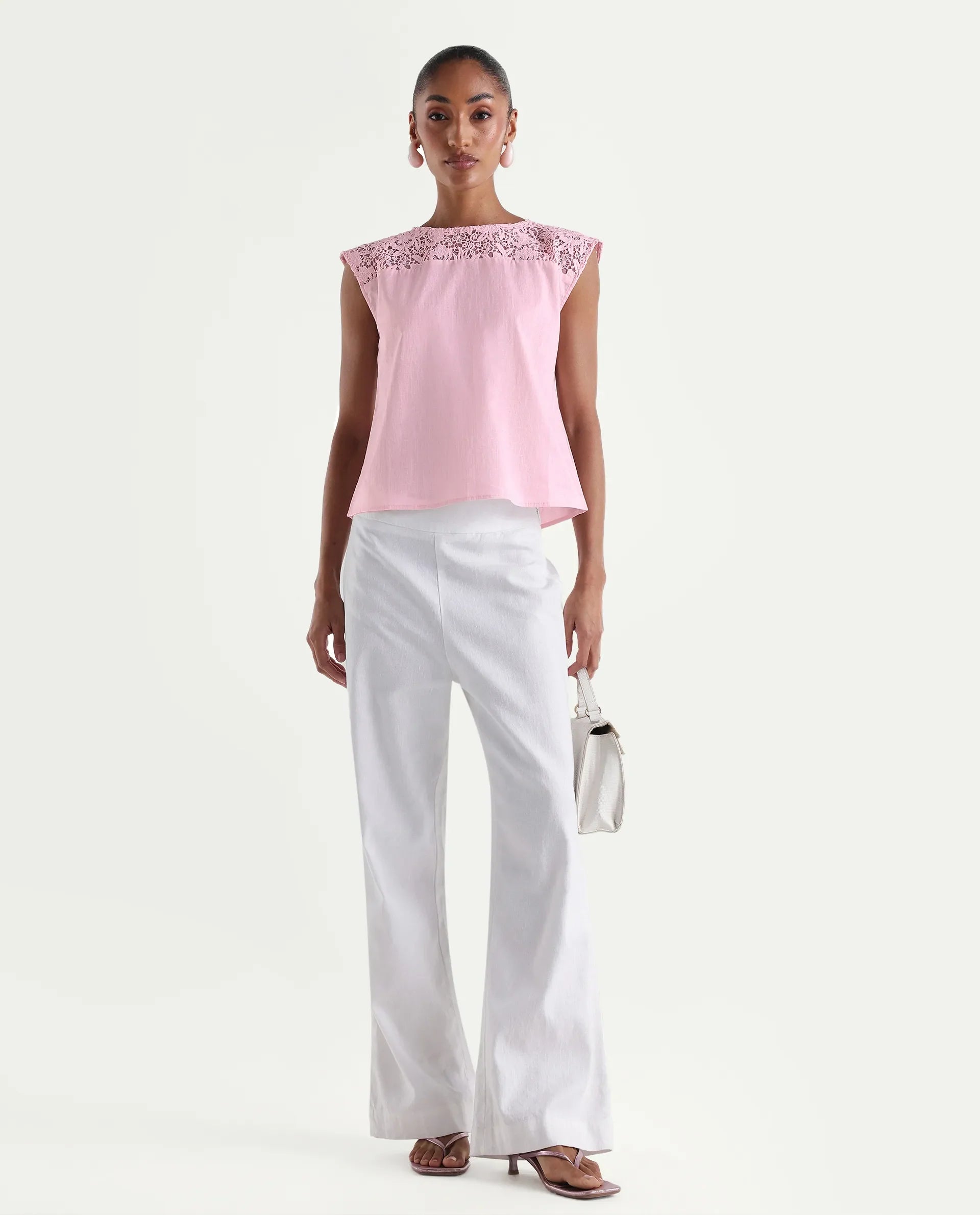Rareism Women's Hige Light Pink Cotton Crew Neck Regular Plain Top