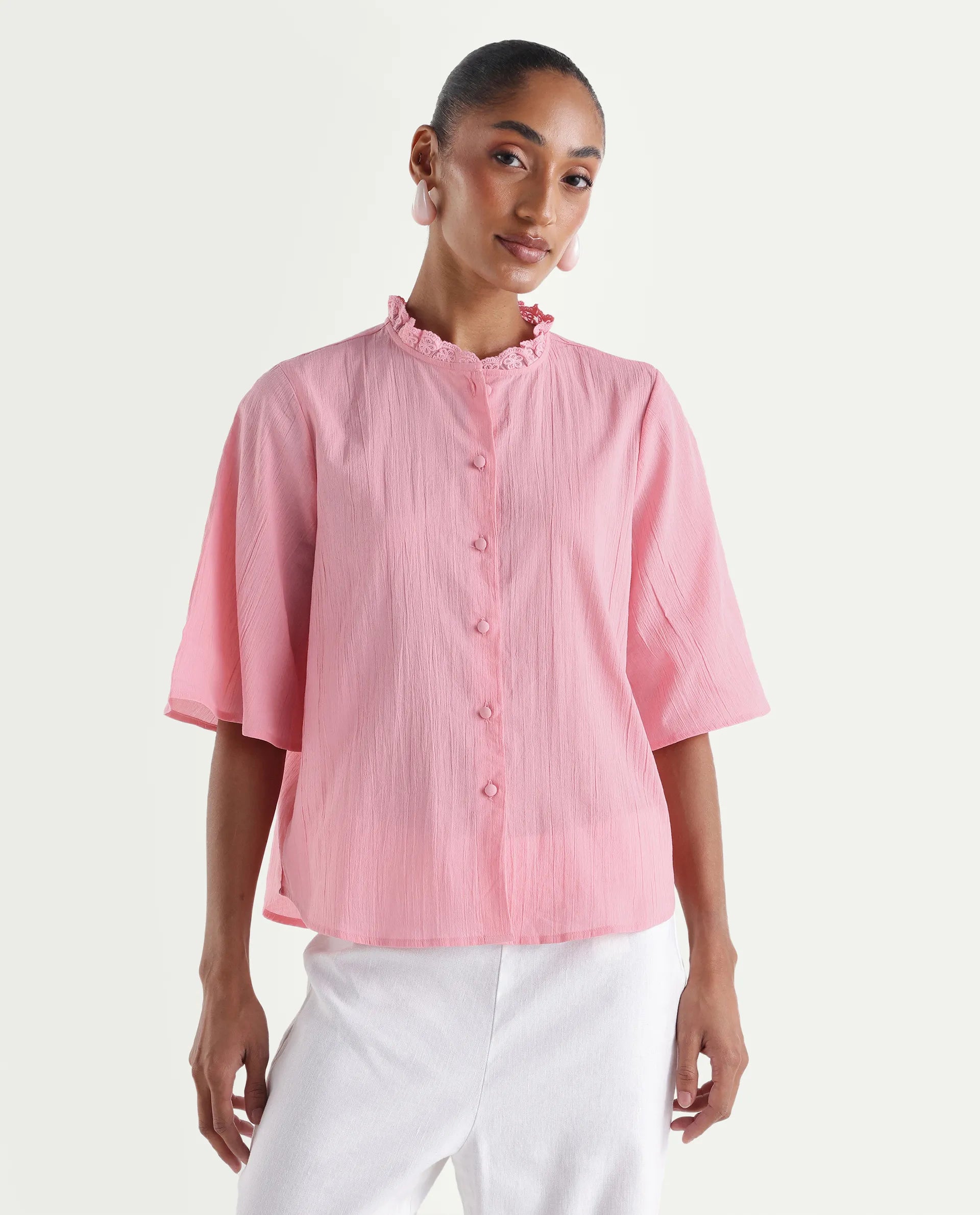 Rareism Women's Velpa Pink Cotton Ruffled Neck Relaxed Plain Top