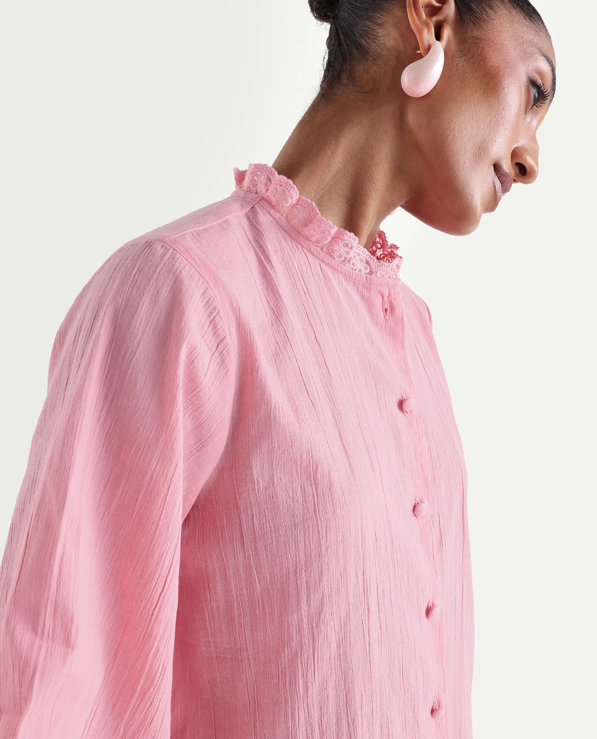 Rareism Women's Velpa Pink Cotton Ruffled Neck Relaxed Plain Top