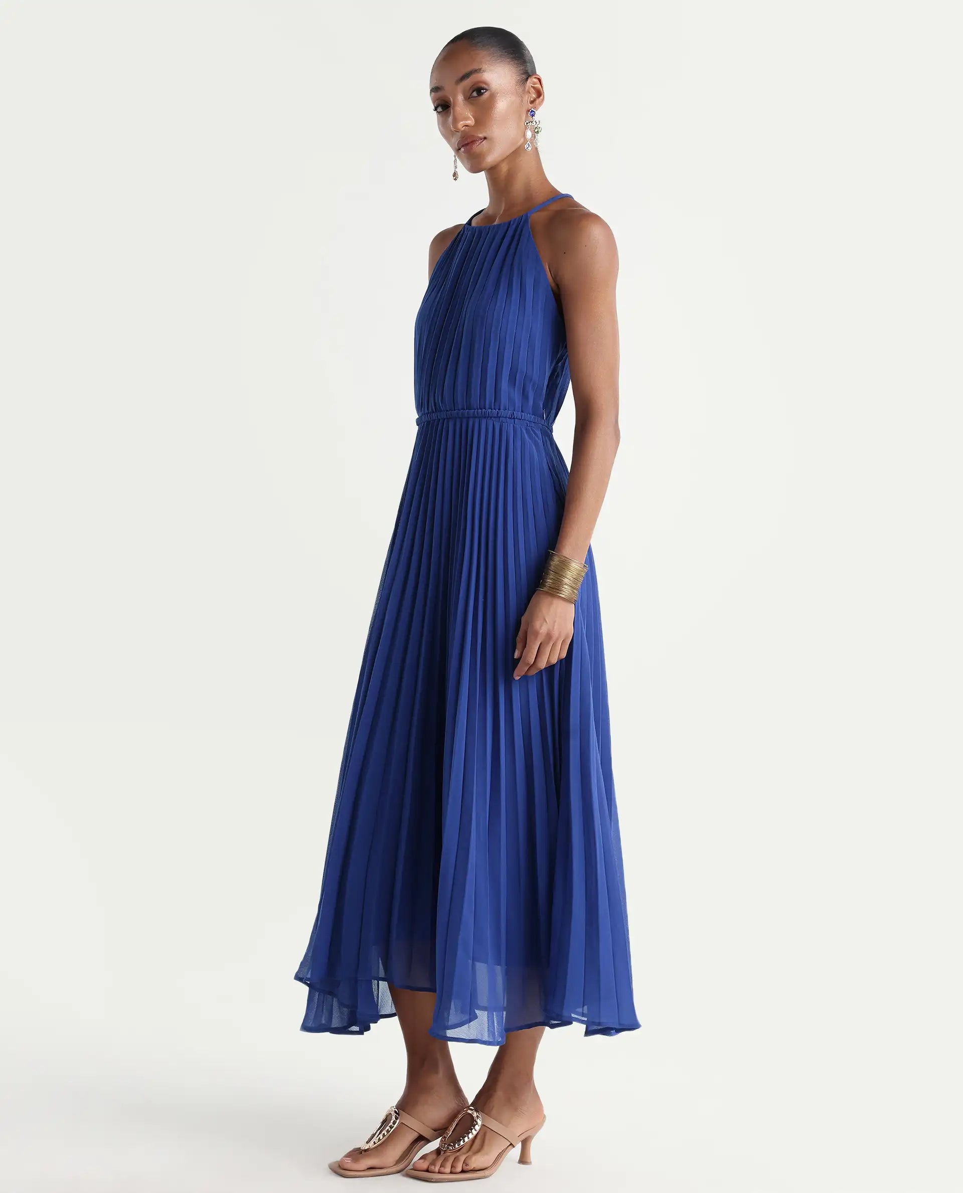 Rareism Women's Keplet Blue Polyester Halter Neck A-Line Plain Dress