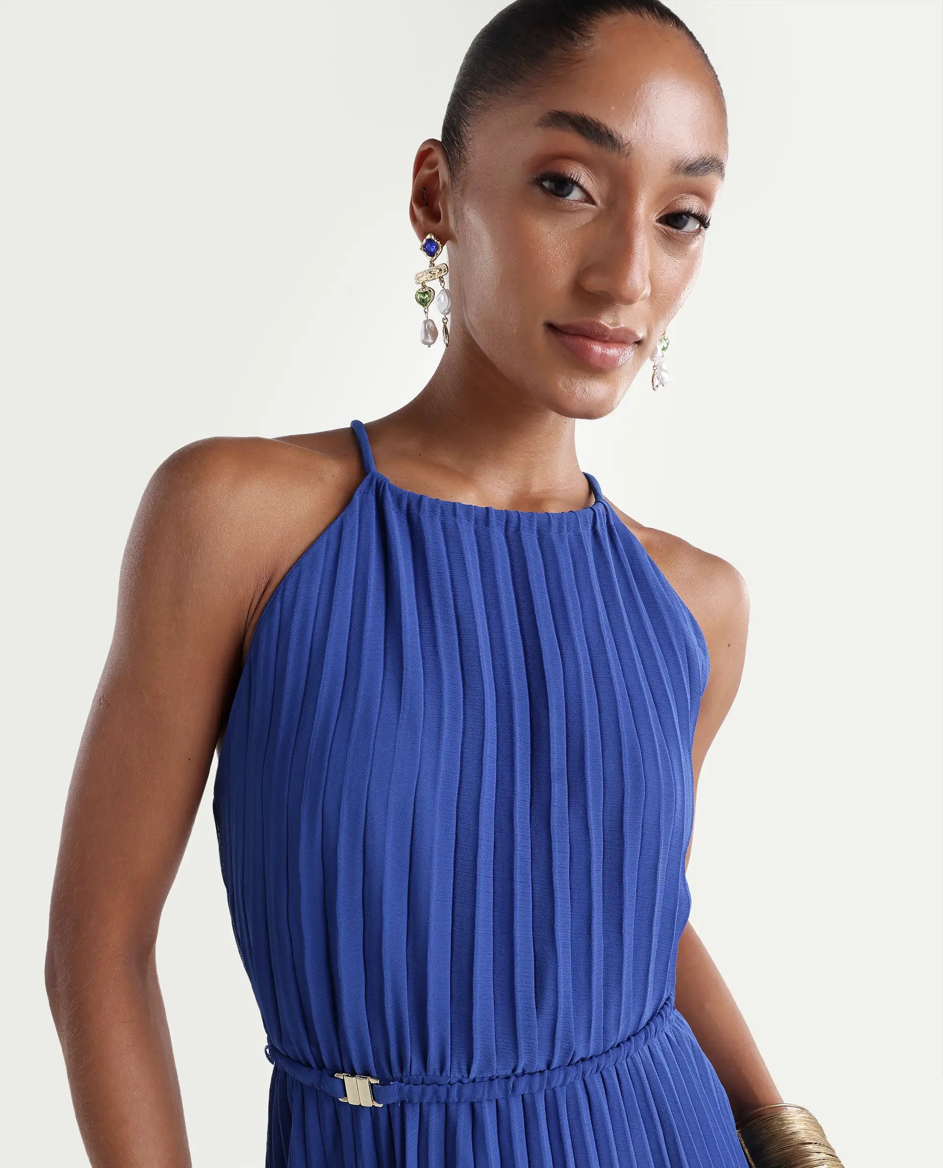 Rareism Women's Keplet Blue Polyester Halter Neck A-Line Plain Dress