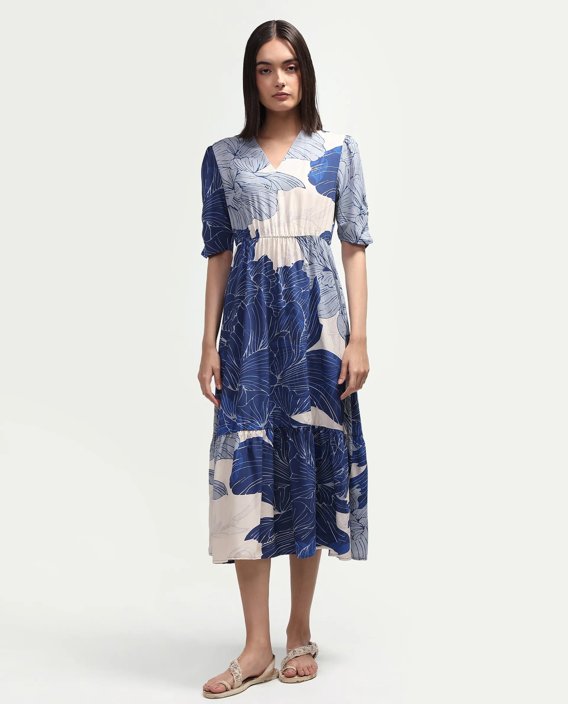 Rareism Women's Vuxon Blue Viscose V-Neck Fit And Flare Floral Print Dress