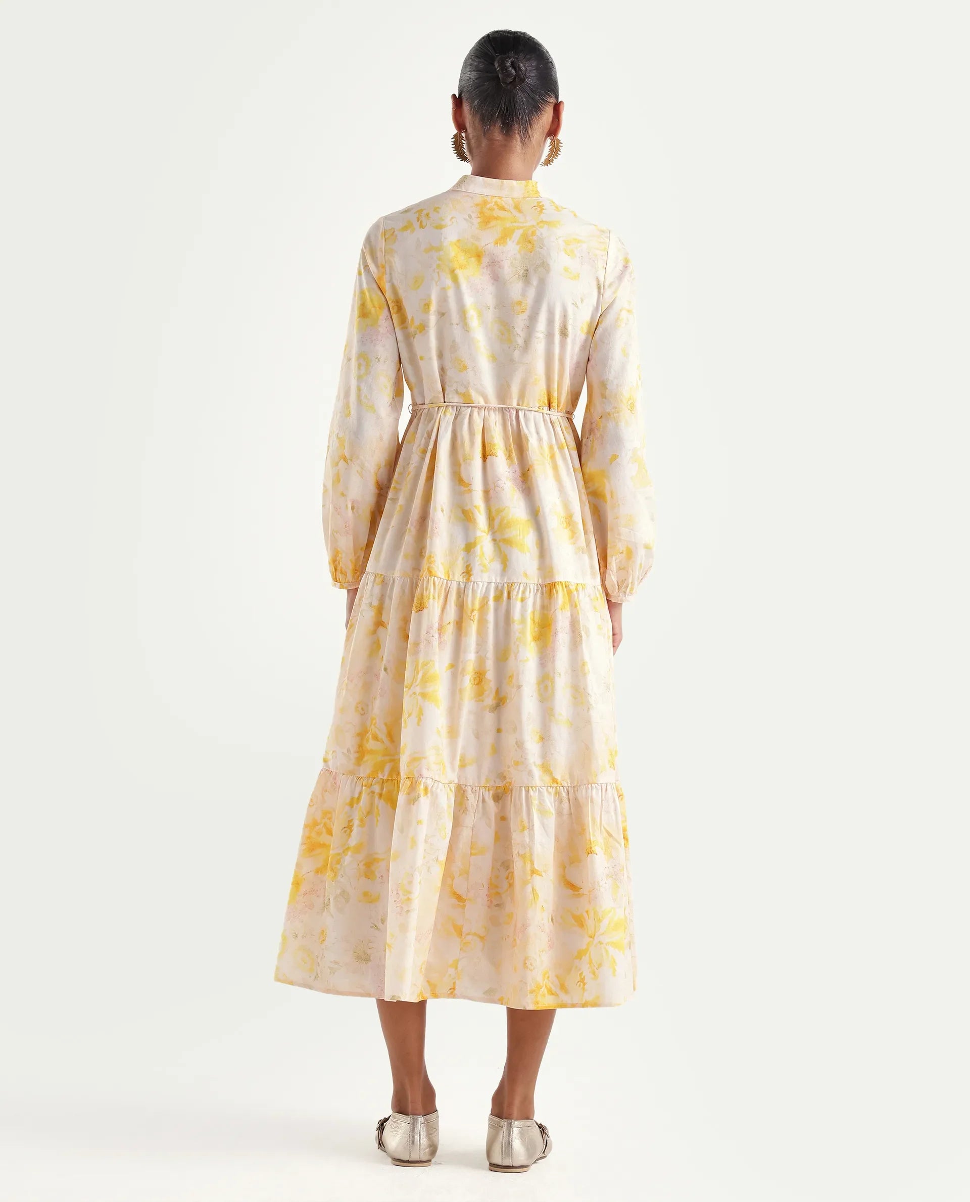 Rareism Women's Runo Yellow Cotton Band Collar Regular Floral Print Dress