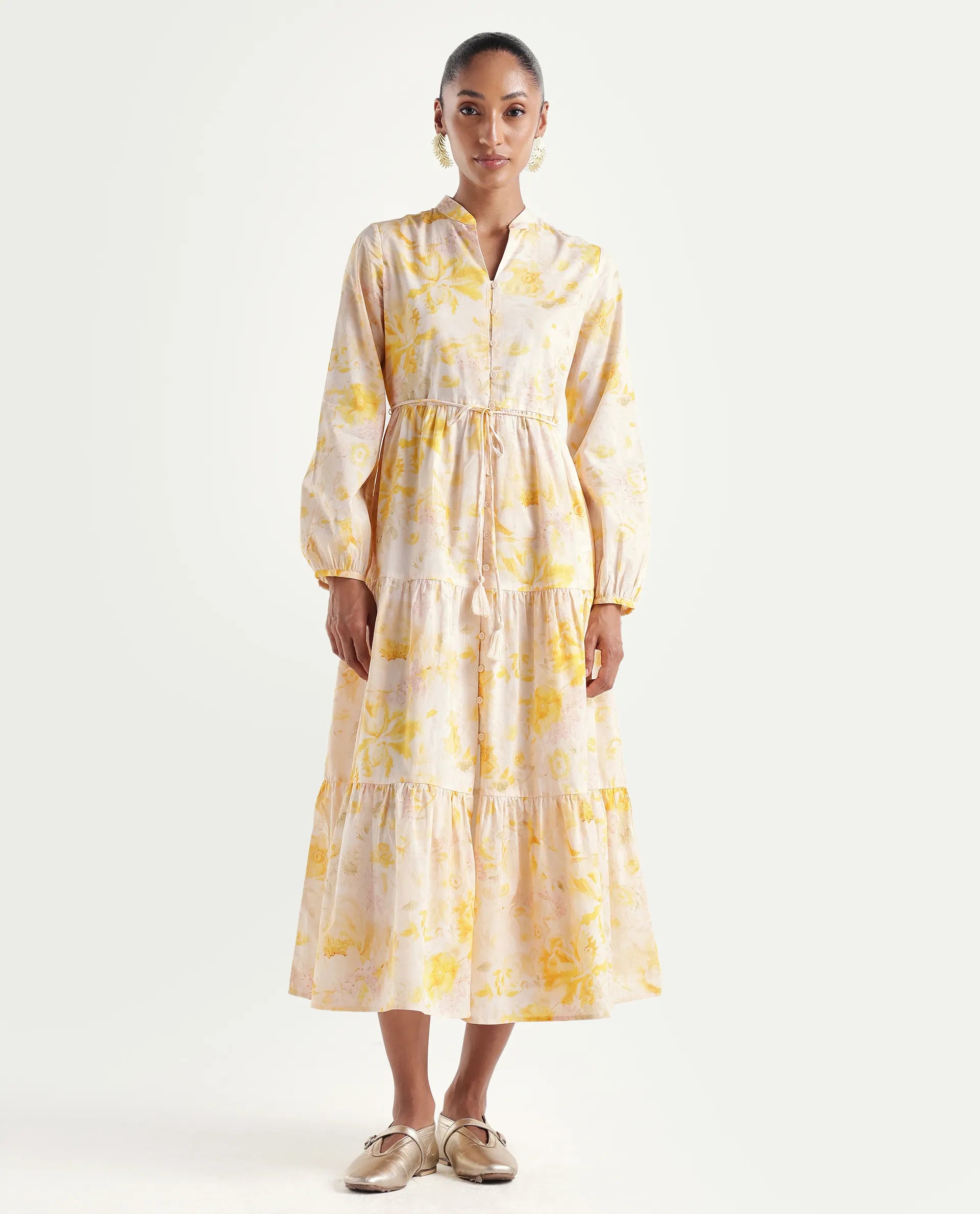 Rareism Women's Runo Yellow Cotton Band Collar Regular Floral Print Dress