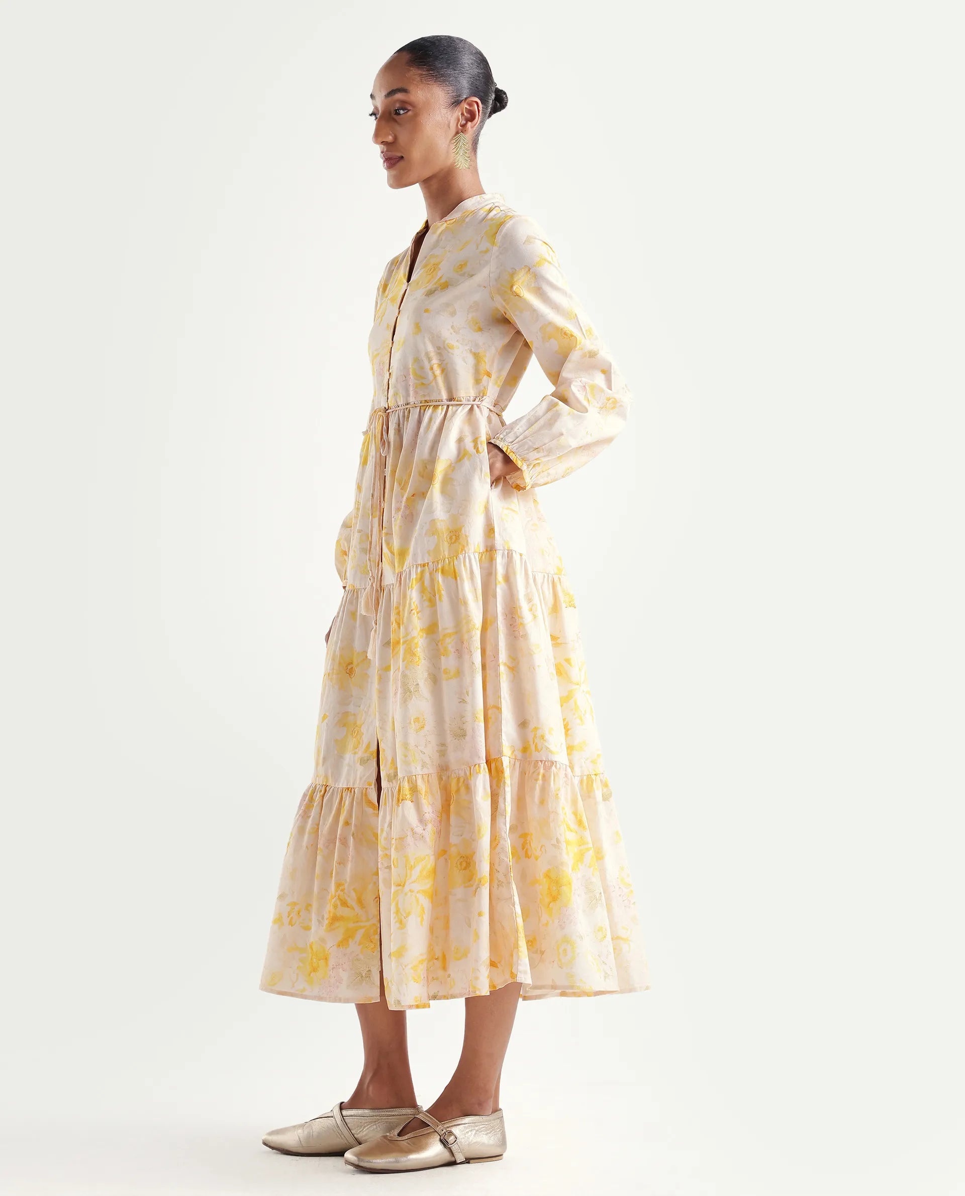 Rareism Women's Runo Yellow Cotton Band Collar Regular Floral Print Dress