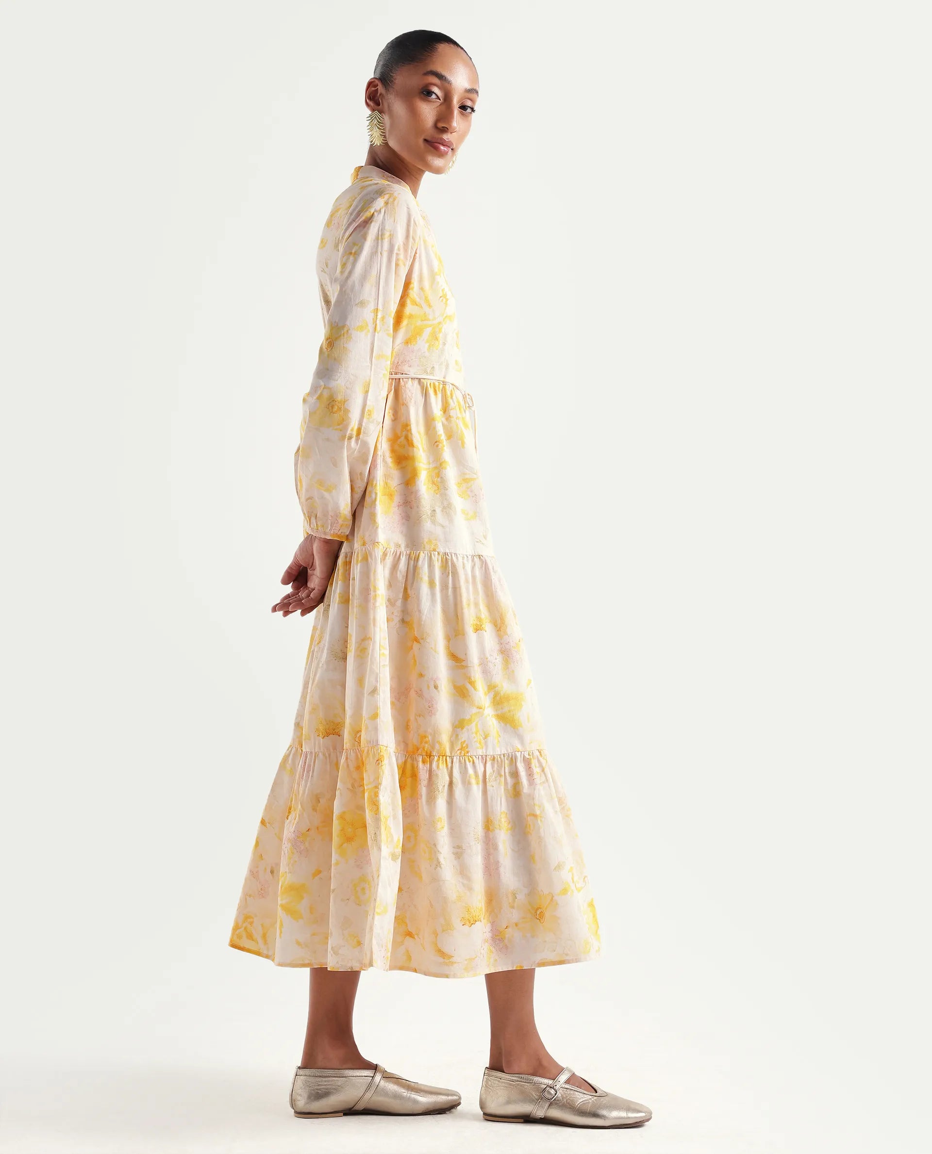 Rareism Women's Runo Yellow Cotton Band Collar Regular Floral Print Dress