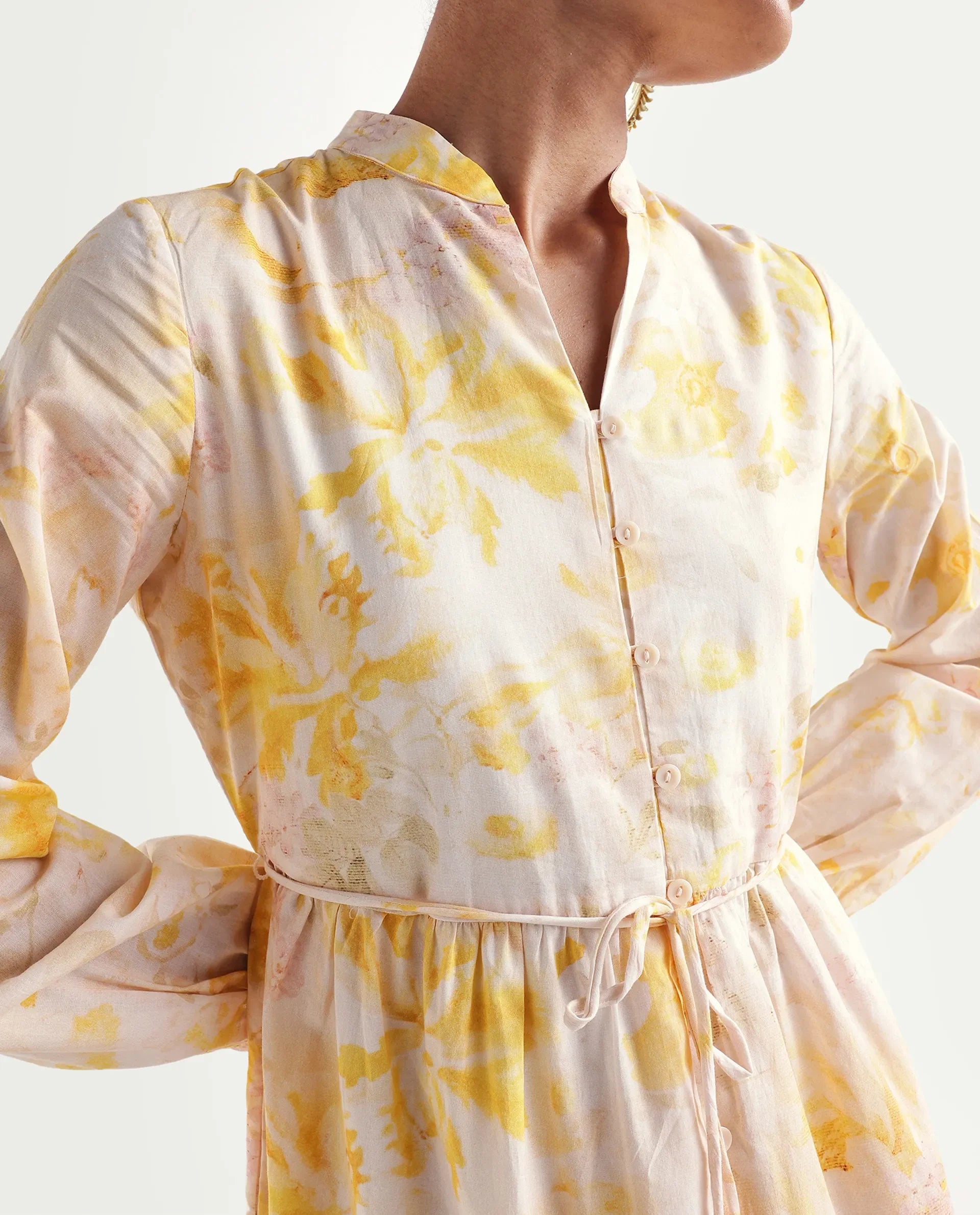 Rareism Women's Runo Yellow Cotton Band Collar Regular Floral Print Dress