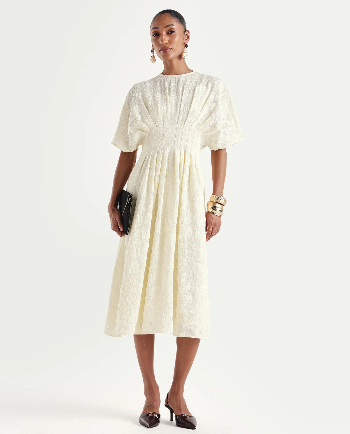Rareism Women's Hant Off White Viscose Blend Crew Neck Fit And Flare Plain Dress
