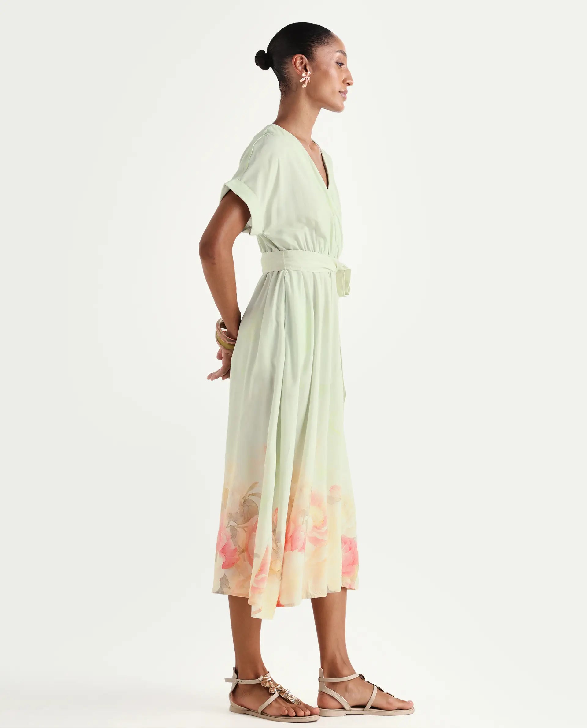Rareism Women's Vlean Multi Viscose V-Neck Flared Floral Print Dress