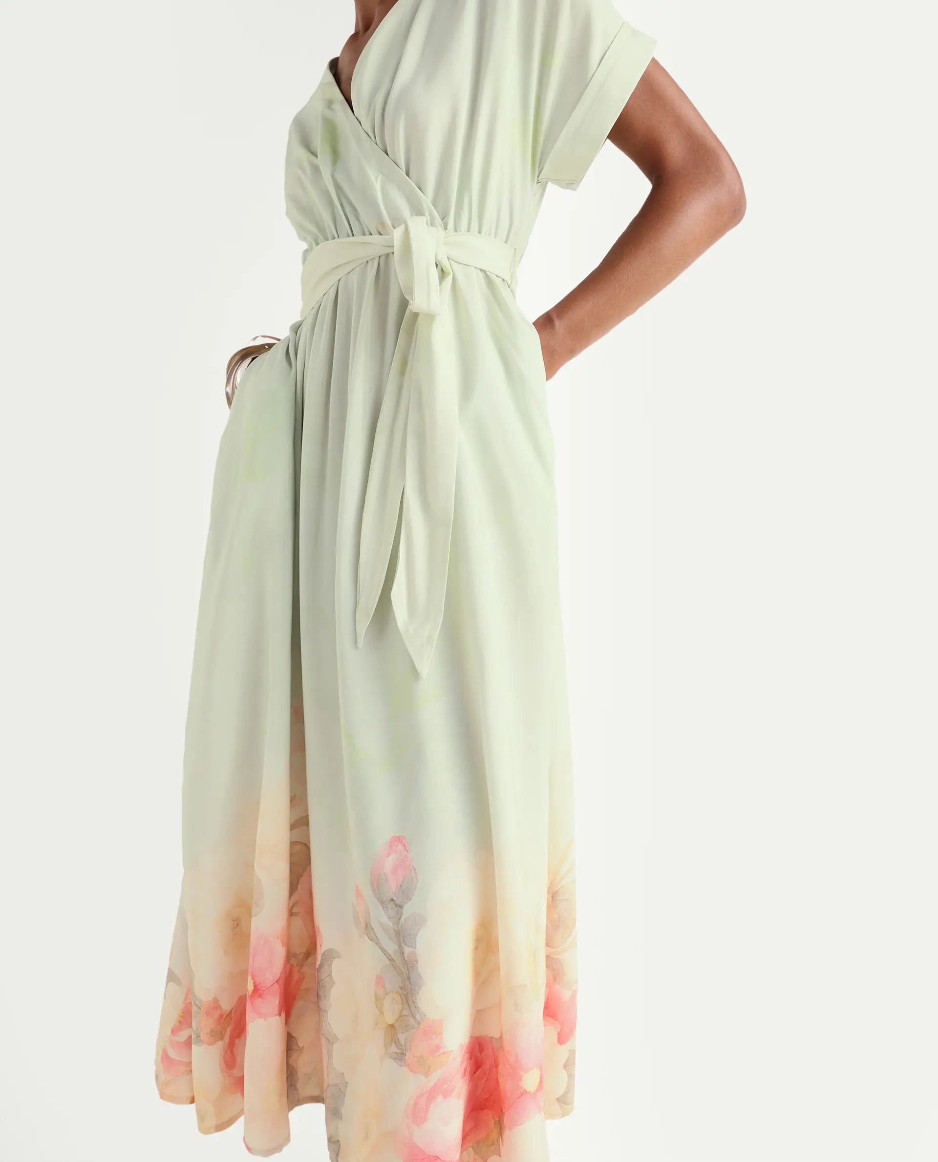 Rareism Women's Vlean Multi Viscose V-Neck Flared Floral Print Dress