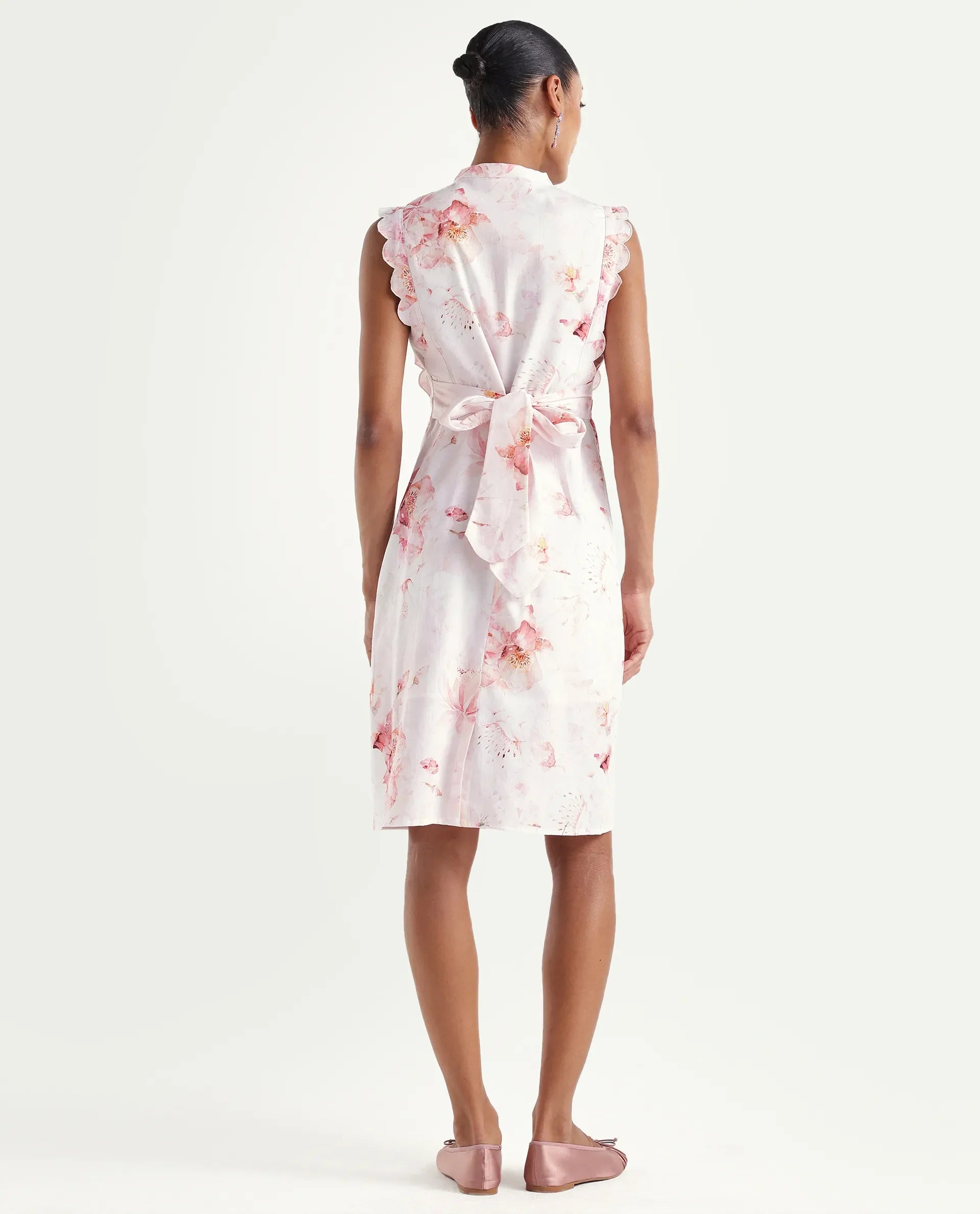 Rareism Women's Hawn Light Pink Cotton Band Collar Regular Floral Print Dress
