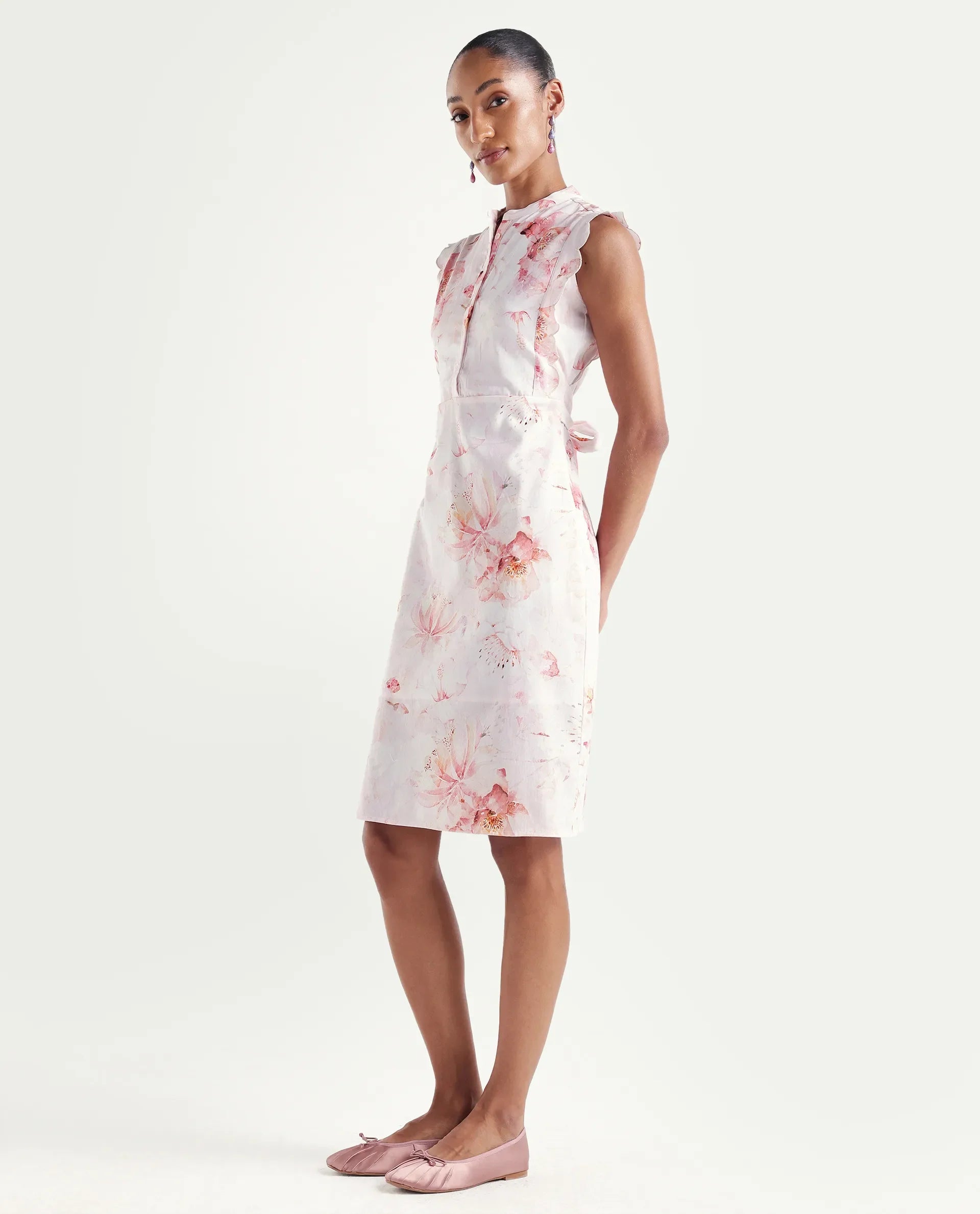 Rareism Women's Hawn Light Pink Cotton Band Collar Regular Floral Print Dress