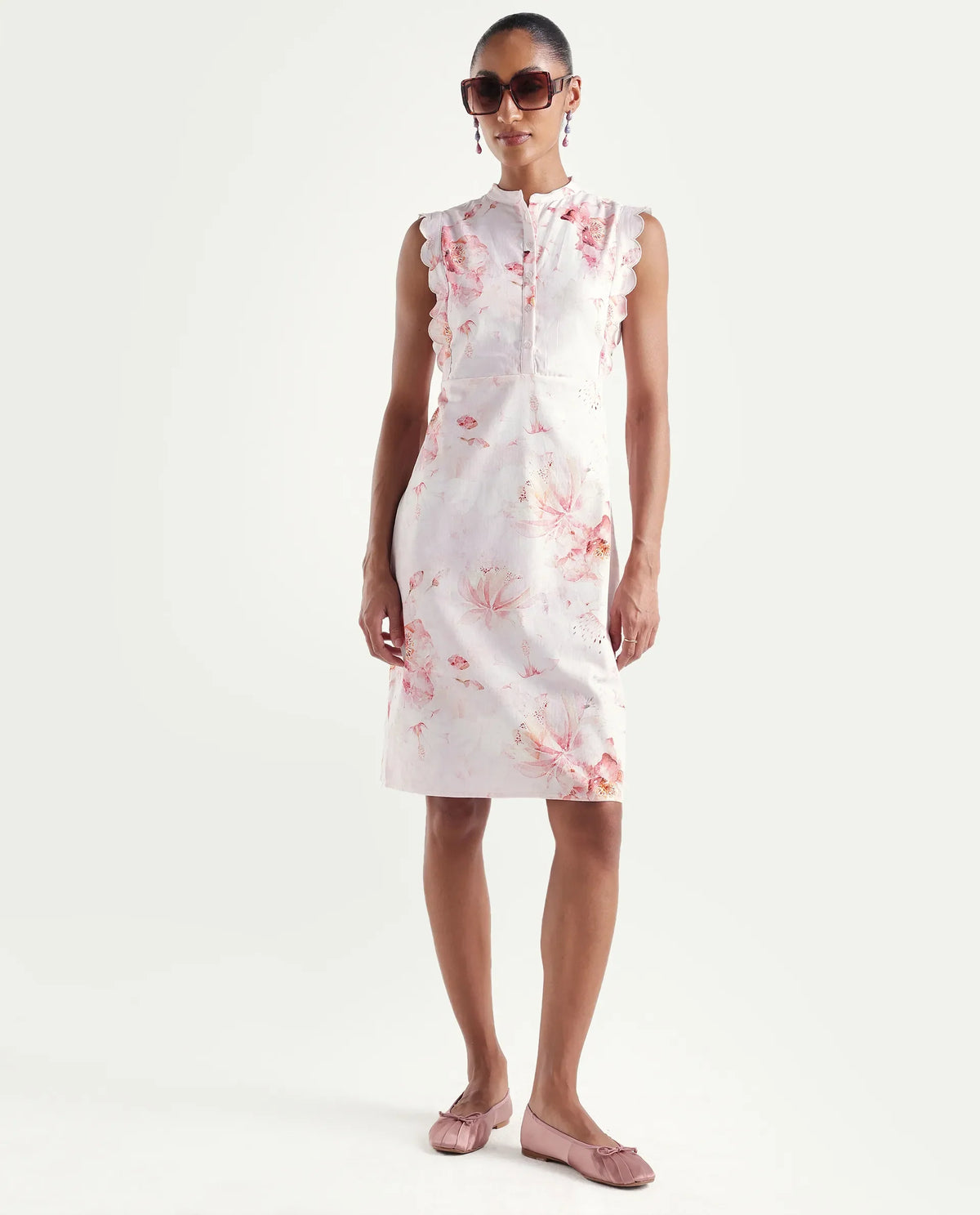 Rareism Women's Hawn Light Pink Cotton Band Collar Regular Floral Print Dress