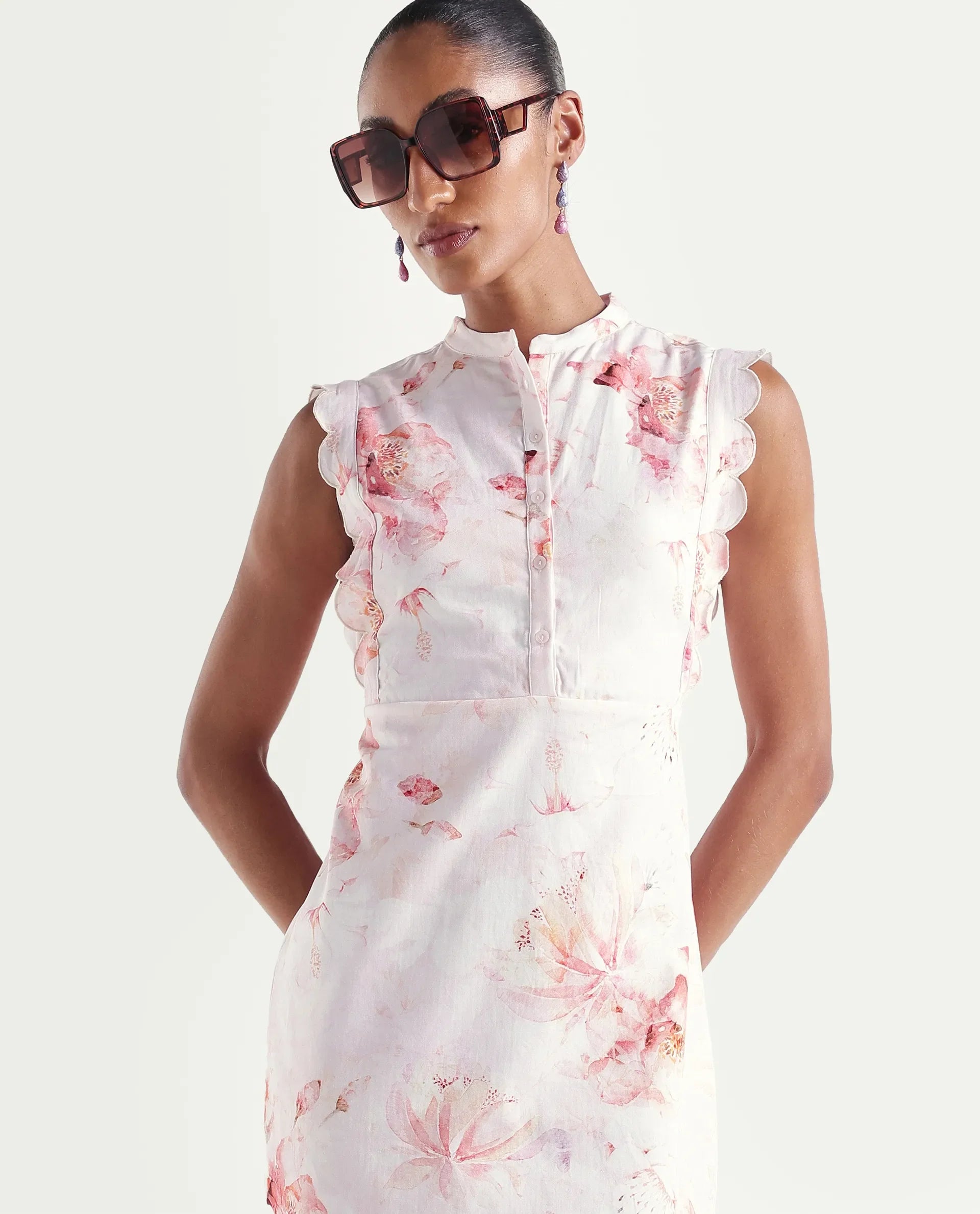 Rareism Women's Hawn Light Pink Cotton Band Collar Regular Floral Print Dress
