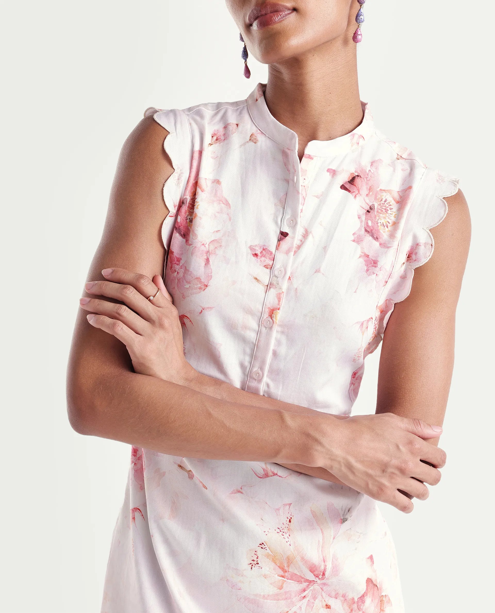 Rareism Women's Hawn Light Pink Cotton Band Collar Regular Floral Print Dress