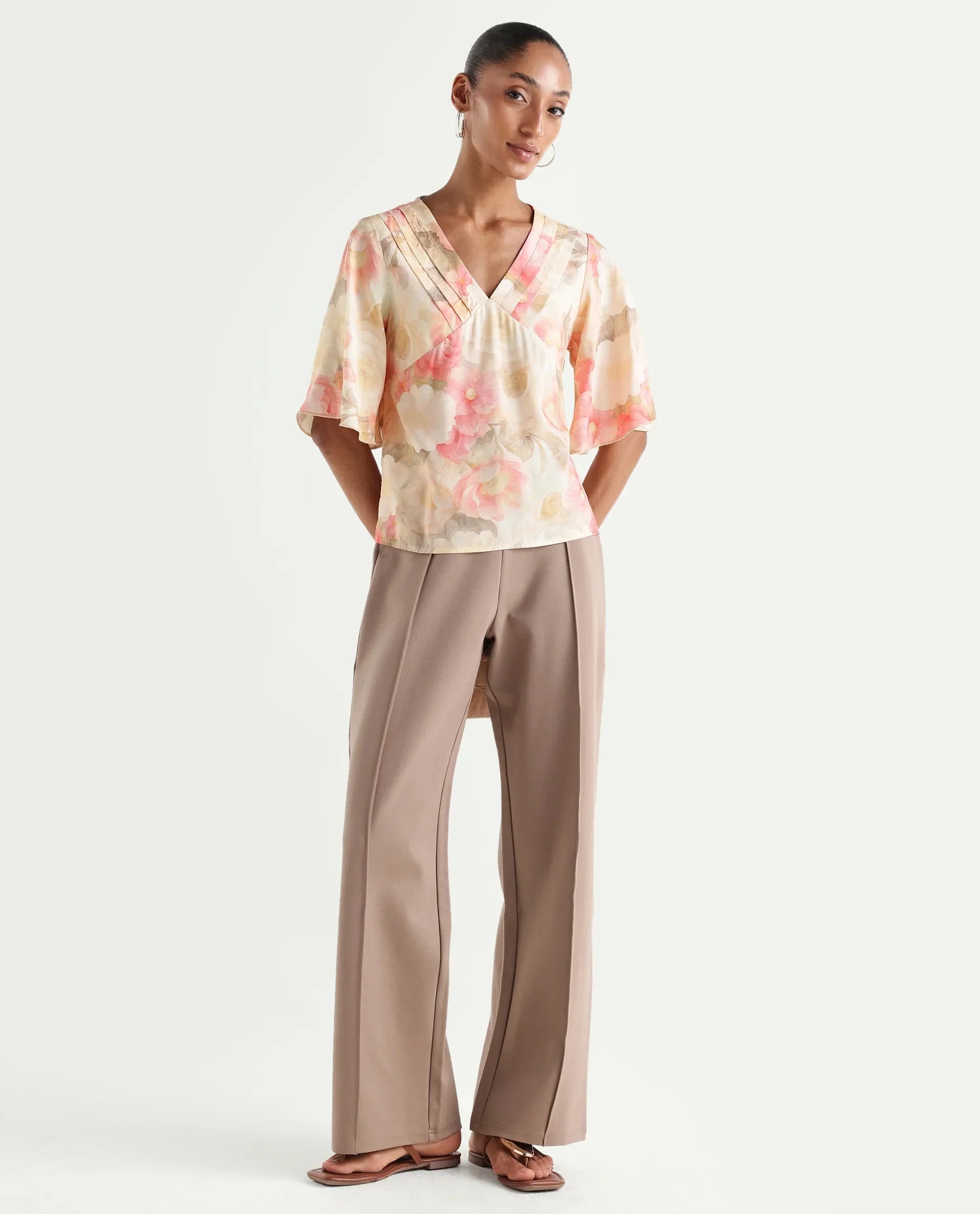 Rareism Women's Vlara Multi Viscose Fabric V-Neck Regular Floral Print Top