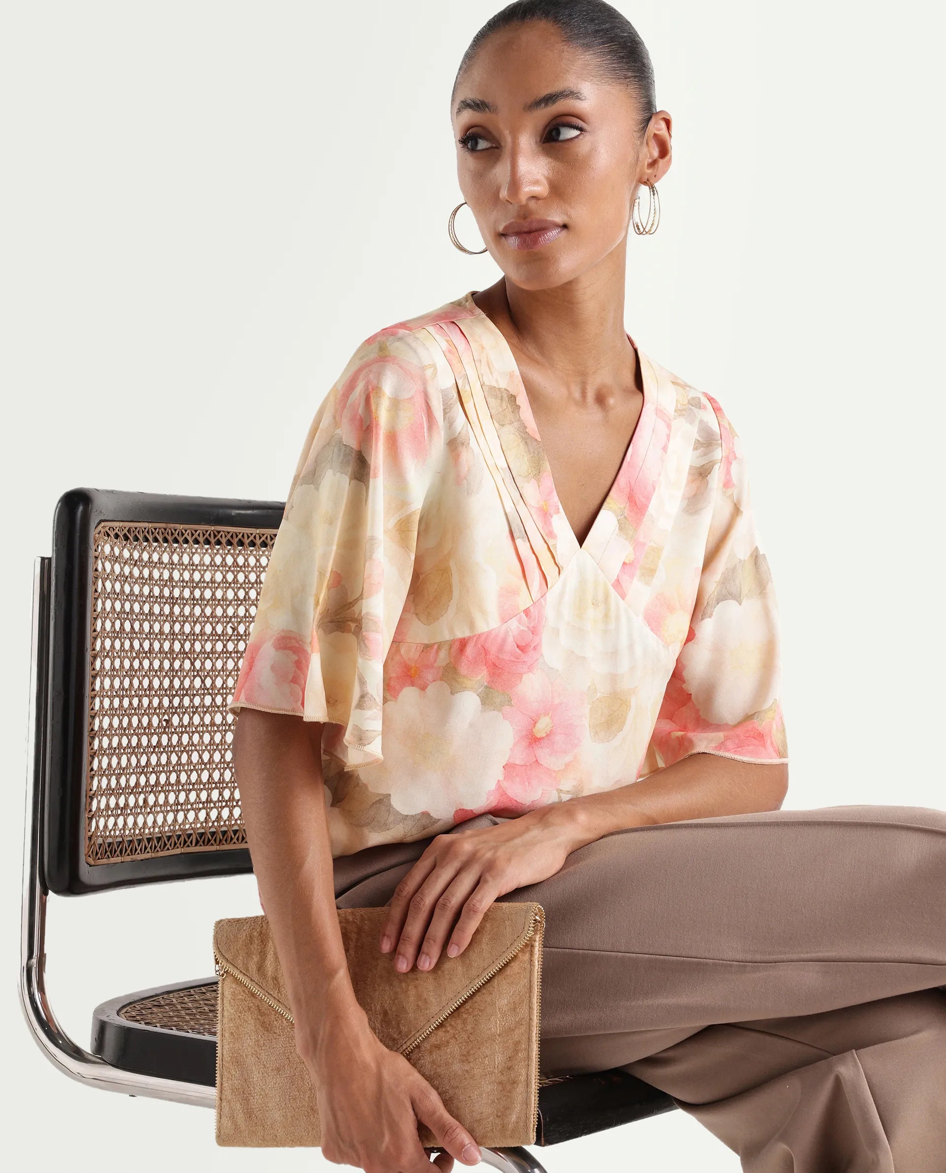 Rareism Women's Vlara Multi Viscose Fabric V-Neck Regular Floral Print Top