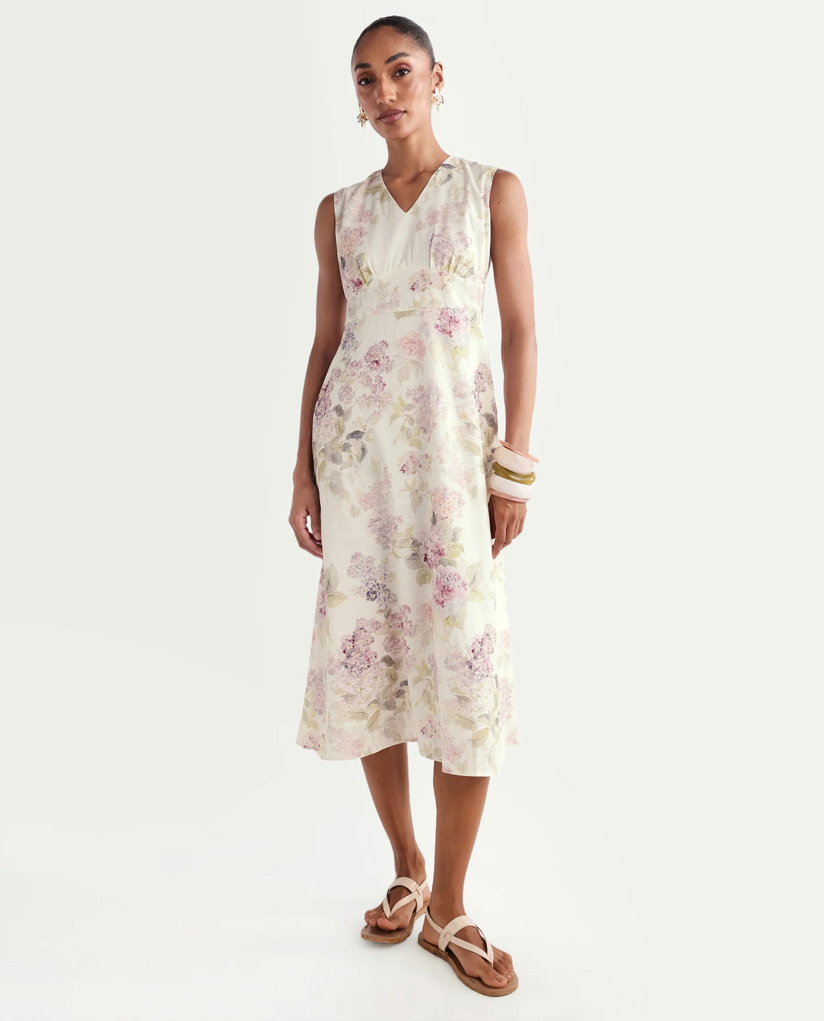 Rareism Women's Rugo Light Beige Cotton V-Neck A-Line Floral Print Dress