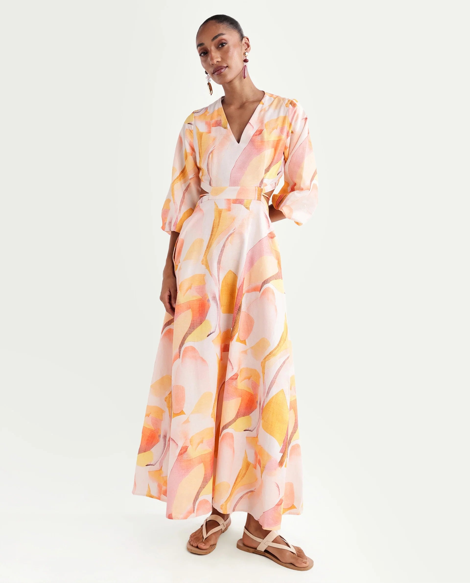 Rareism Women's Ruvin Multi Viscose Blend V-Neck Flared Abstract Print Dress