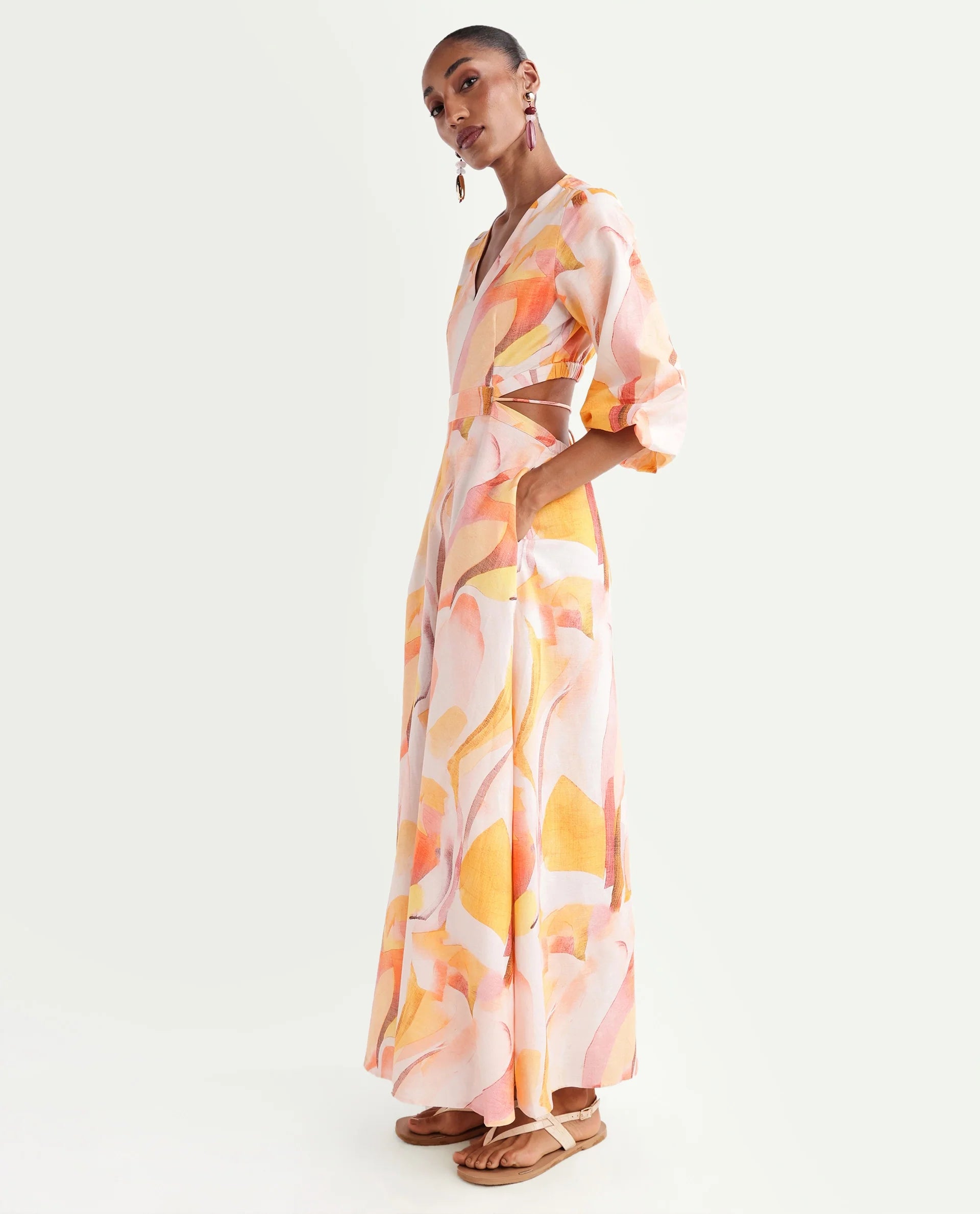 Rareism Women's Ruvin Multi Viscose Blend V-Neck Flared Abstract Print Dress