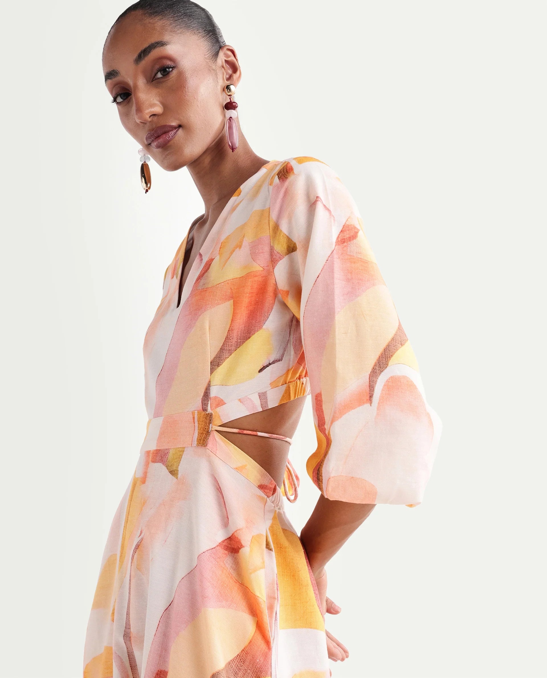 Rareism Women's Ruvin Multi Viscose Blend V-Neck Flared Abstract Print Dress