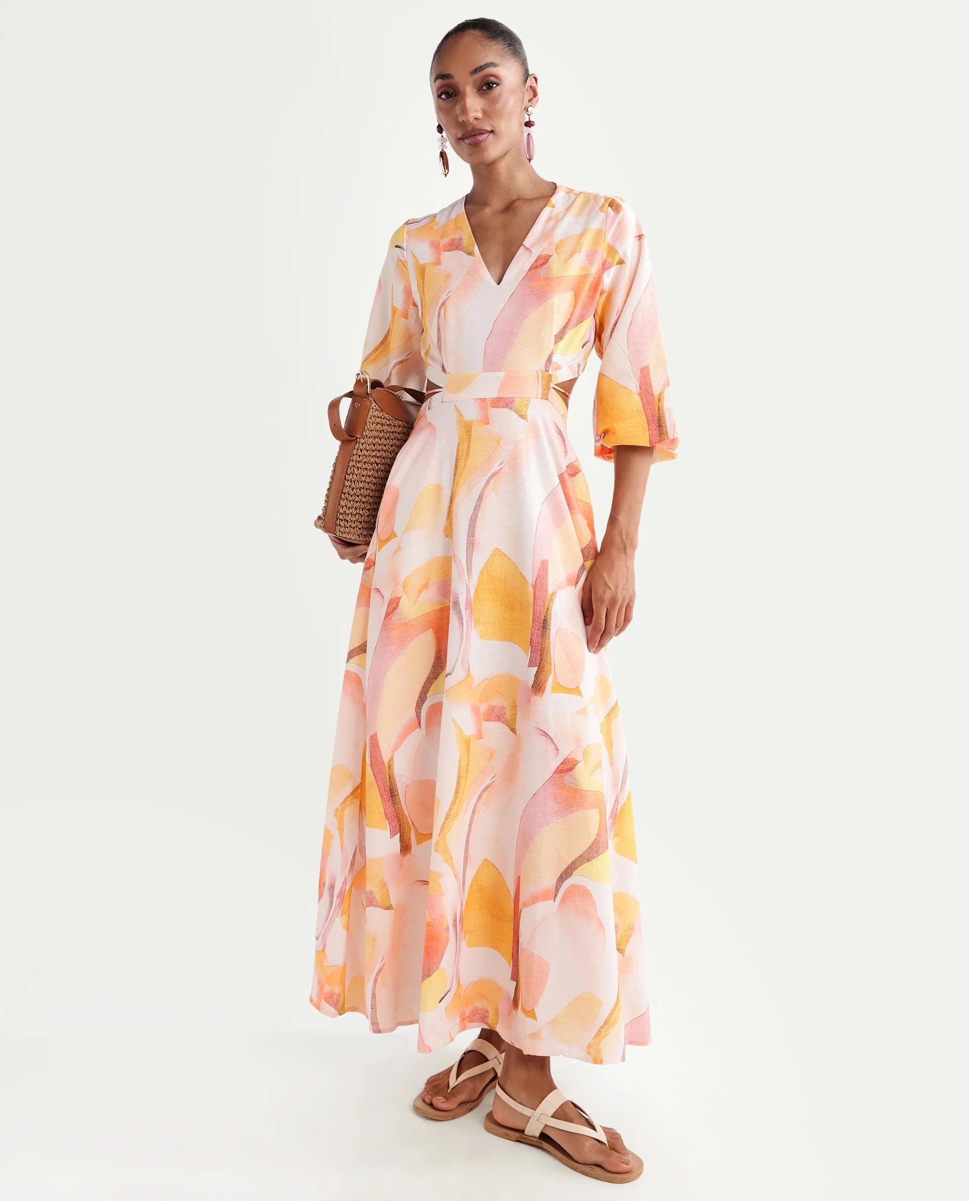 Rareism Women's Ruvin Multi Viscose Blend V-Neck Flared Abstract Print Dress