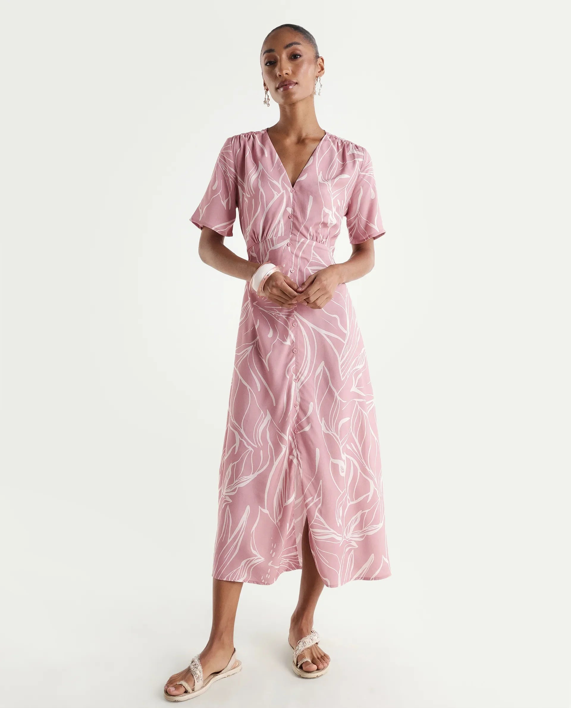 Rareism Women's Vatah Pink Viscose V-Neck A-Line Floral Print Dress