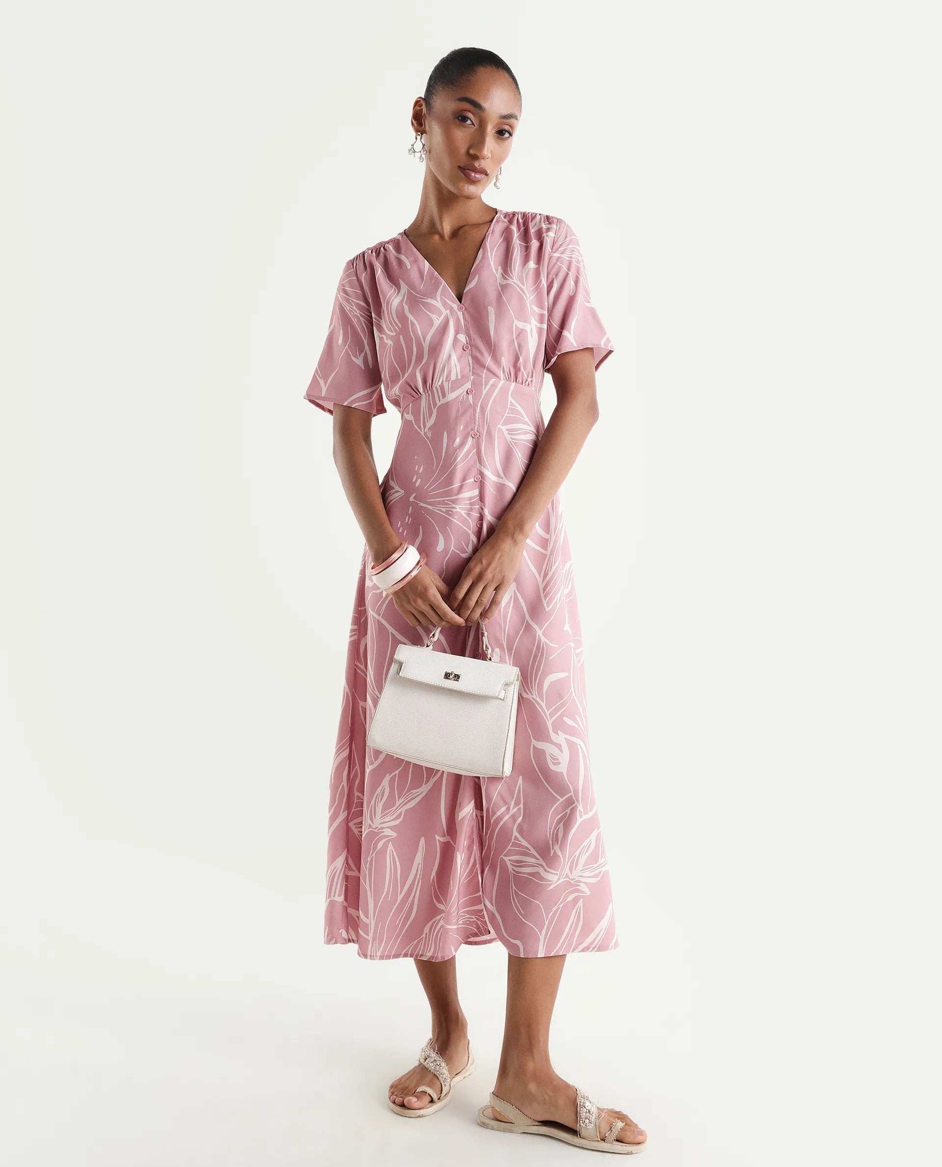 Rareism Women's Vatah Pink Viscose V-Neck A-Line Floral Print Dress