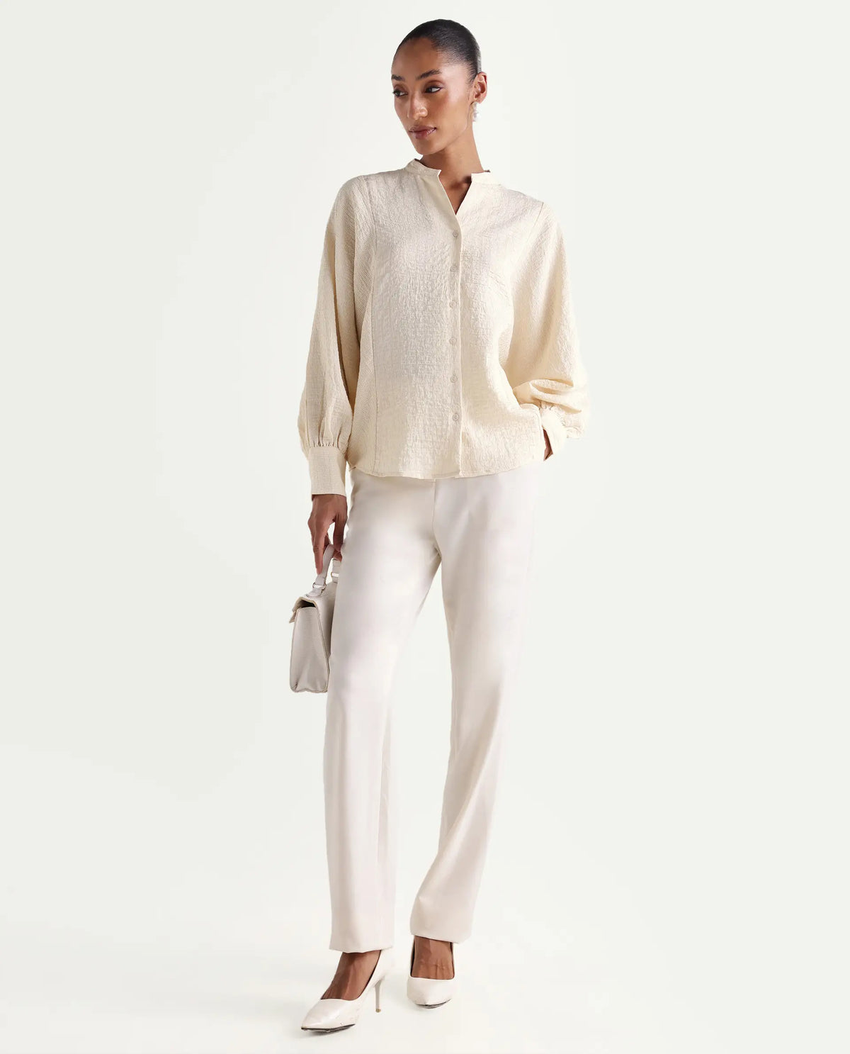 Rareism Women's Dove Off White Viscose Blend Band Collar Button Regular Plain Top