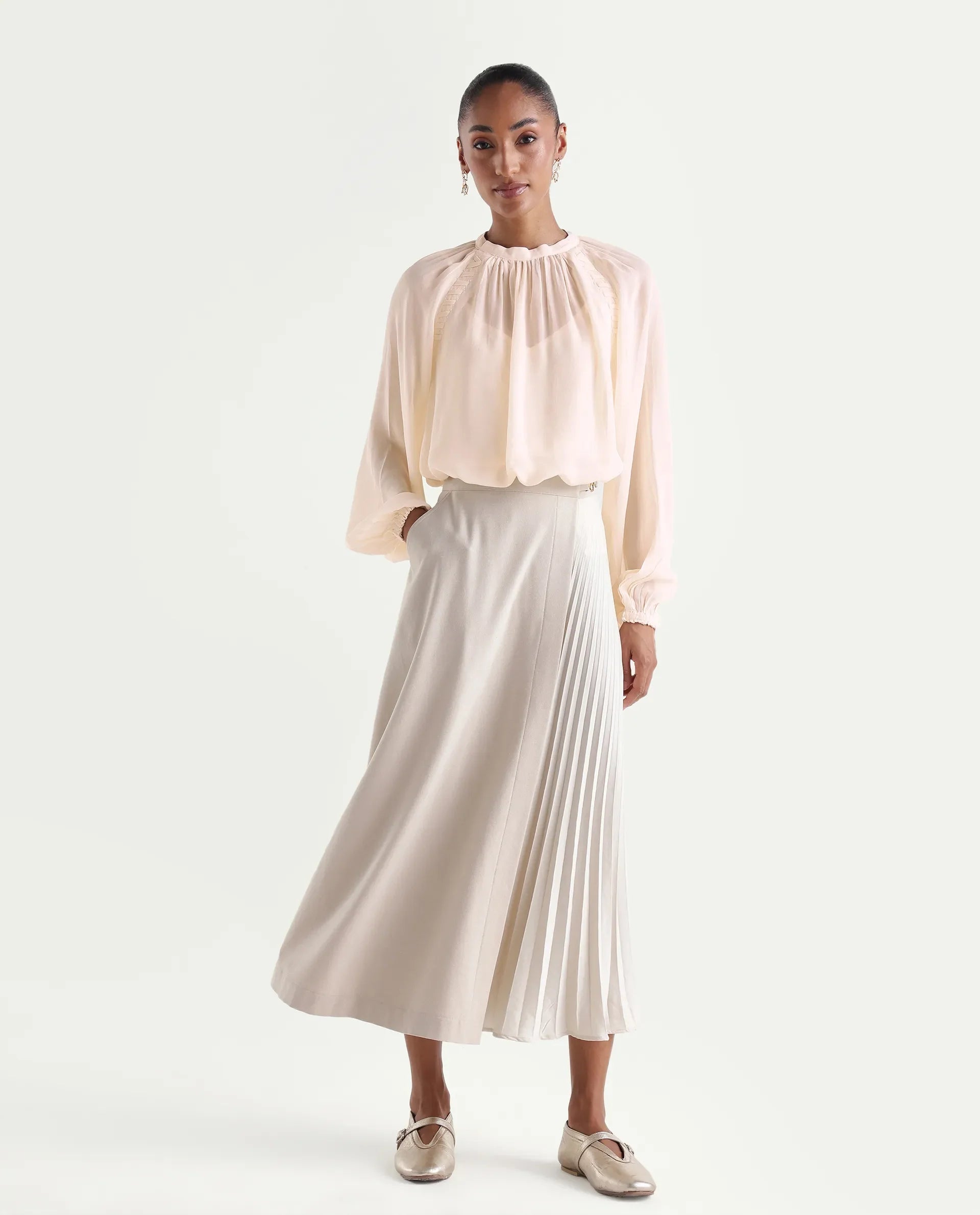 Rareism Women's Holto Beige Viscose Blend High Neck Relaxed Plain Top
