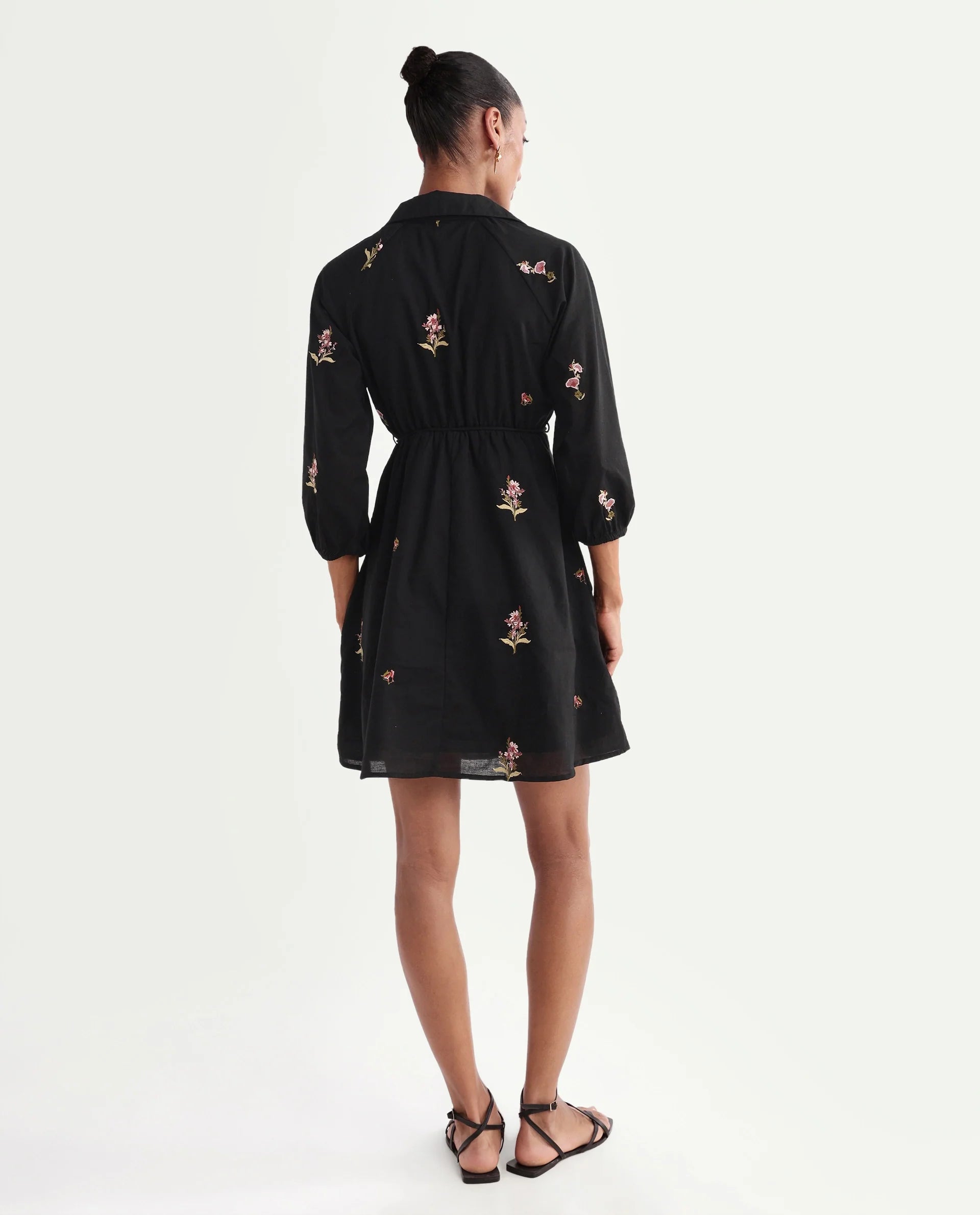 Rareism Women's Calyx Black Viscose Blend Johnny Collar Flared Plain Dress