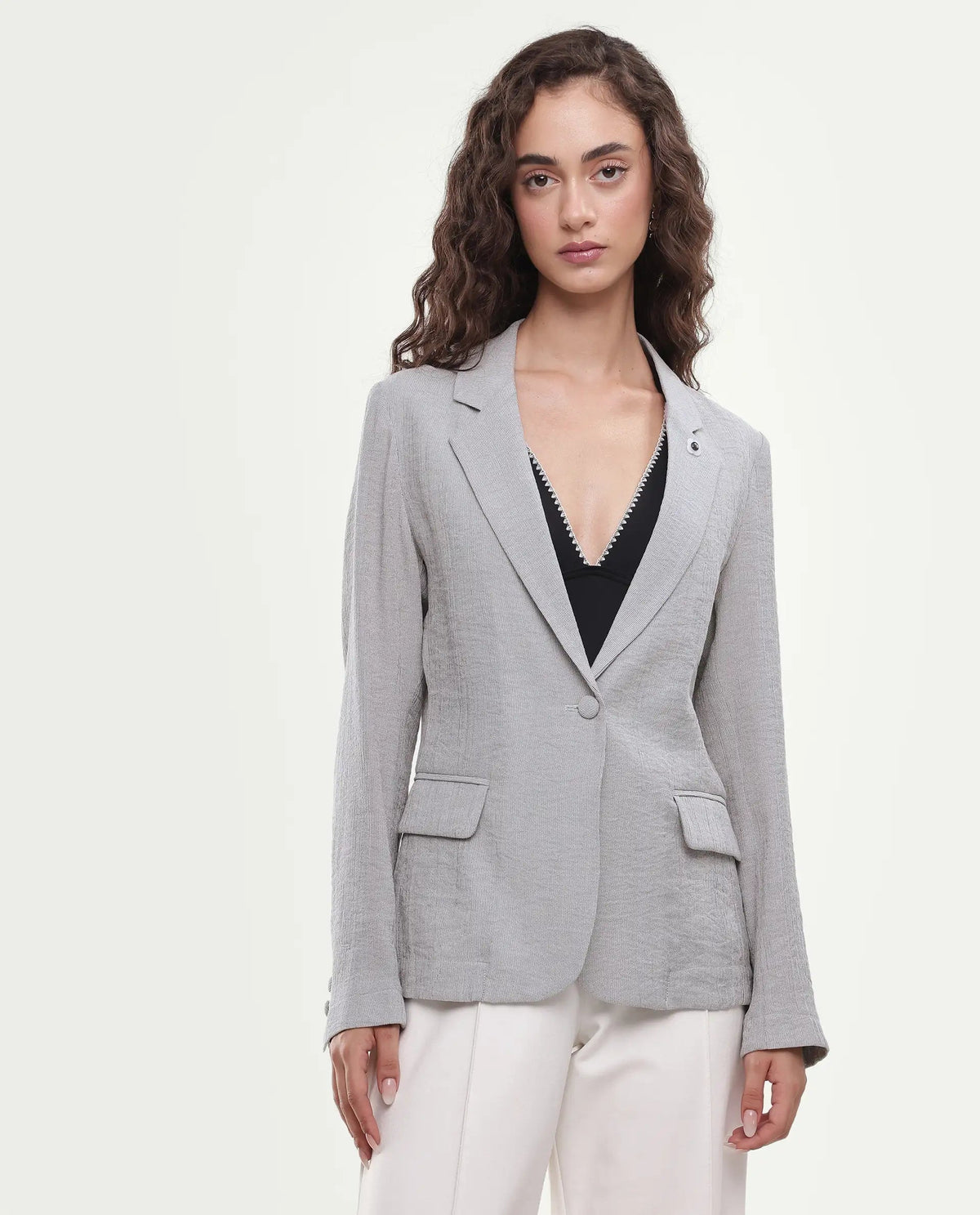 Rareism Women's Diza Grey Plain Viscose Blend Regular Long Sleeves Blazer