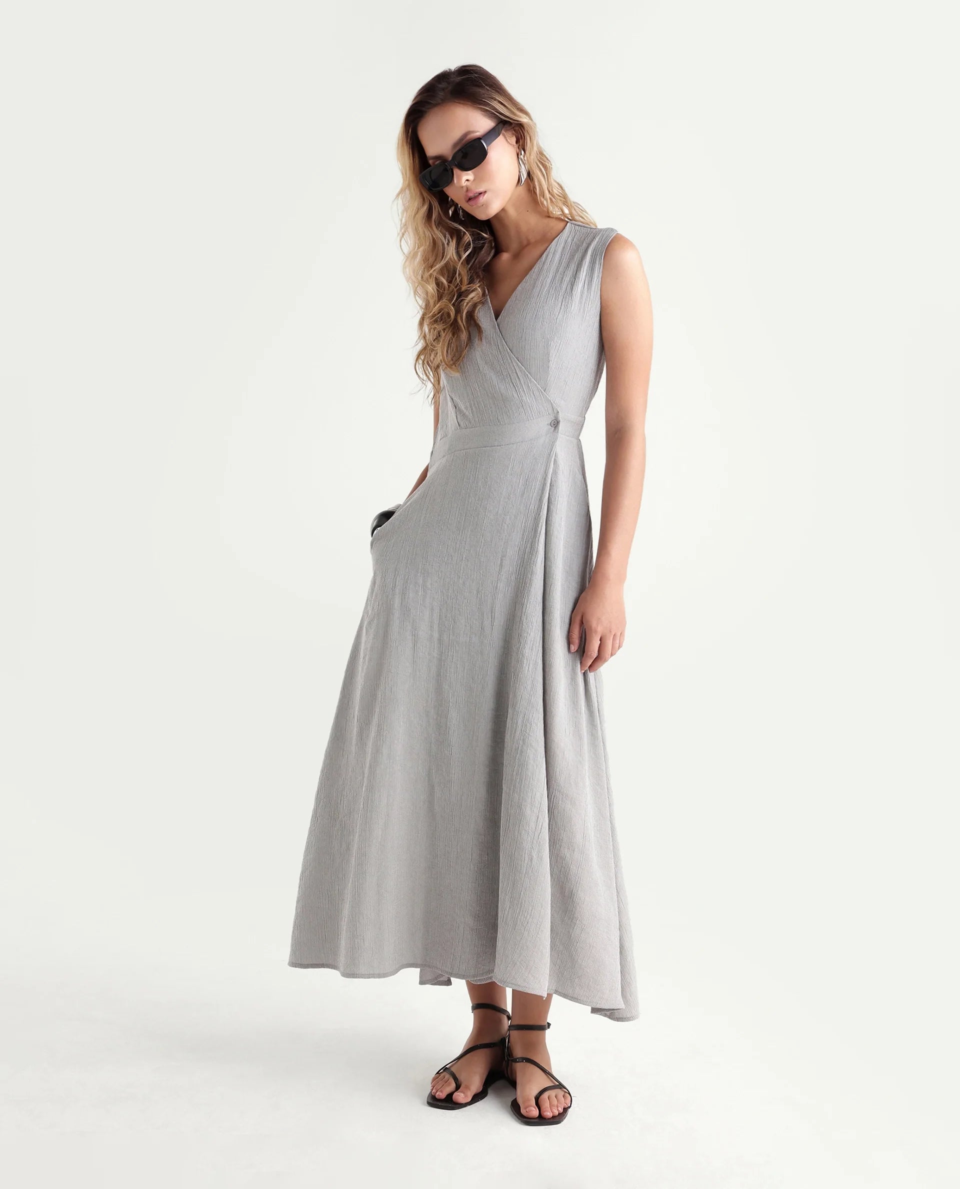 Rareism Women's Dusic Grey Viscose Blend Over Lap Button Fit And Flare Plain Dress