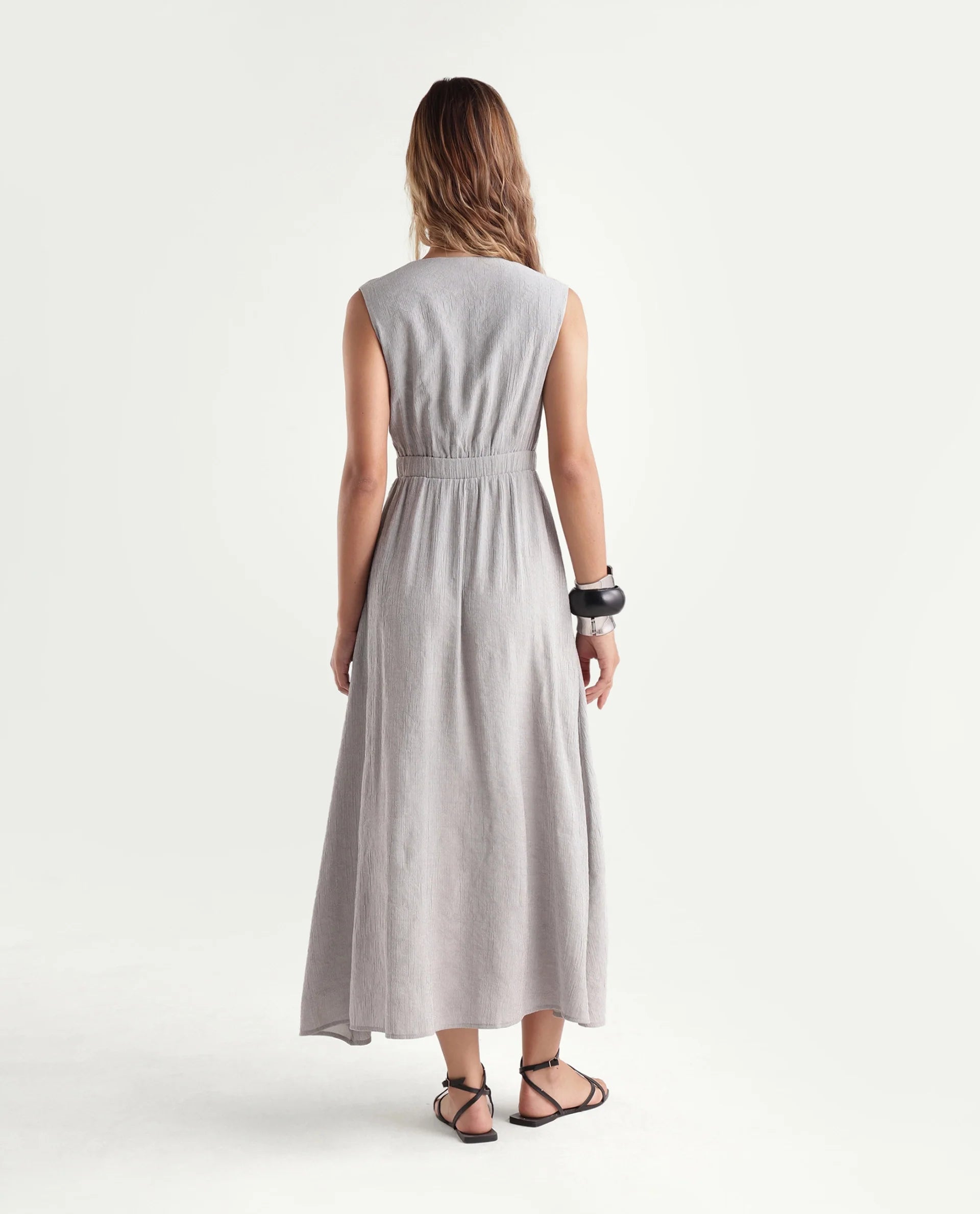 Rareism Women's Dusic Grey Viscose Blend Over Lap Button Fit And Flare Plain Dress
