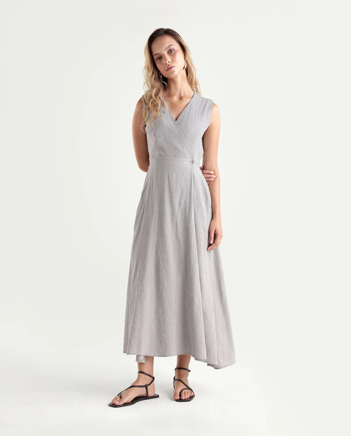 Rareism Women's Dusic Grey Viscose Blend Over Lap Button Fit And Flare Plain Dress