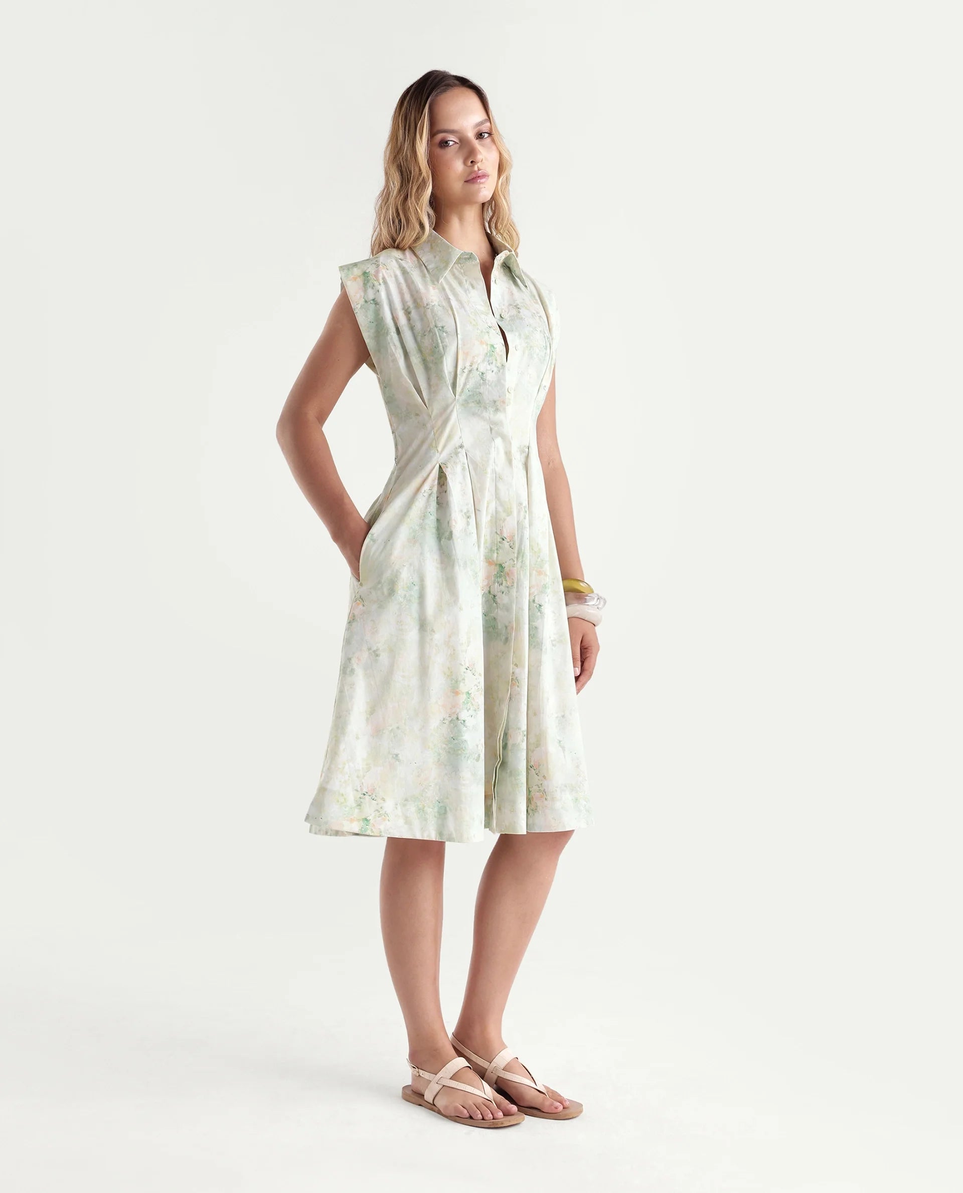 Rareism Women's Hiano Light Green Cotton Fabric Spread Collar Fit And Flare All Over Print Dress