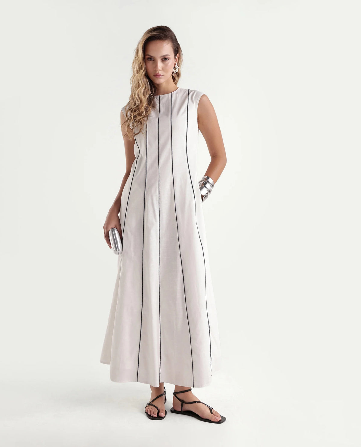 Rareism Women's Kelia Beige Cotton Fabric Crew Neck Fit And Flare Striped Dress