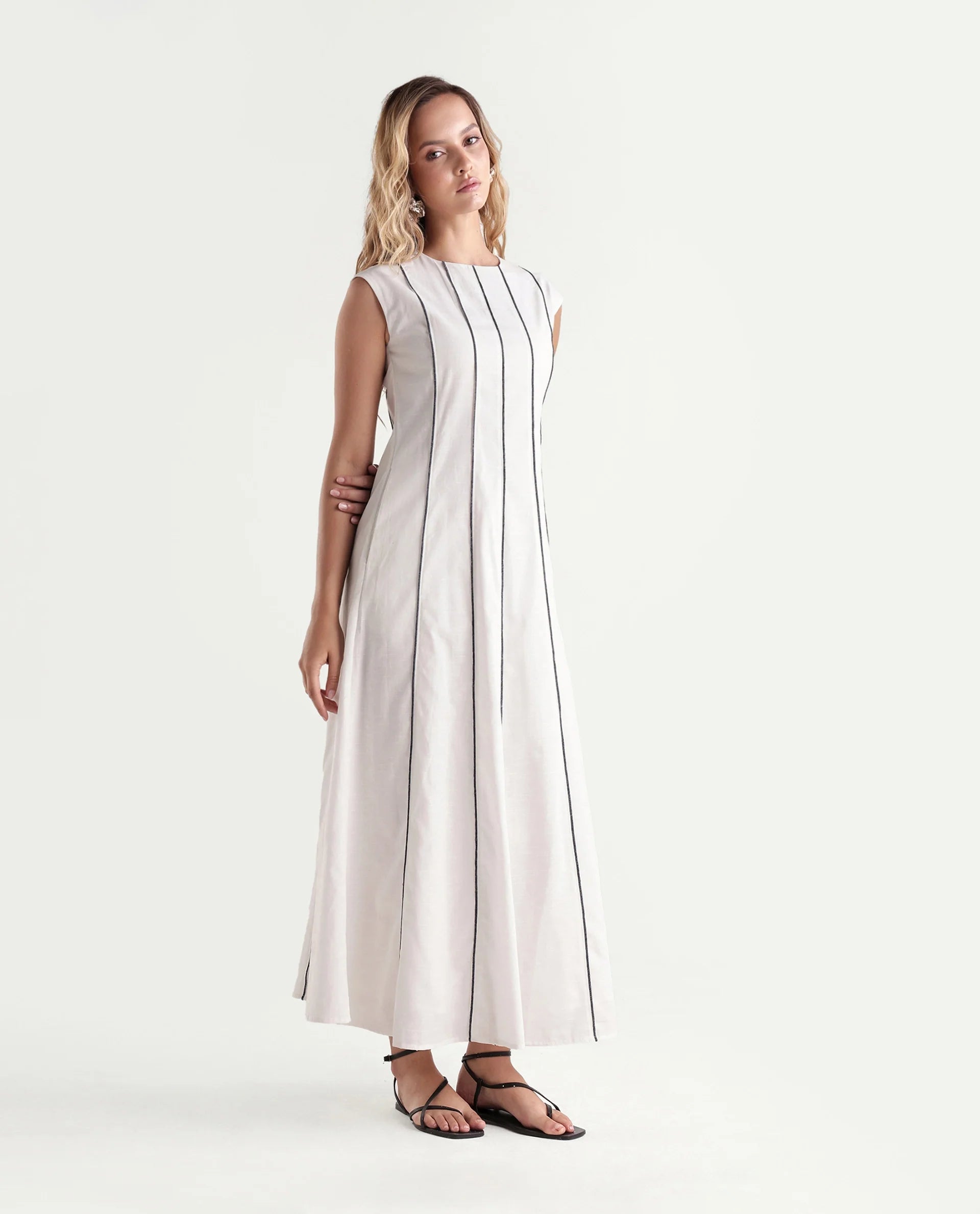Rareism Women's Kelia Beige Cotton Fabric Crew Neck Fit And Flare Striped Dress