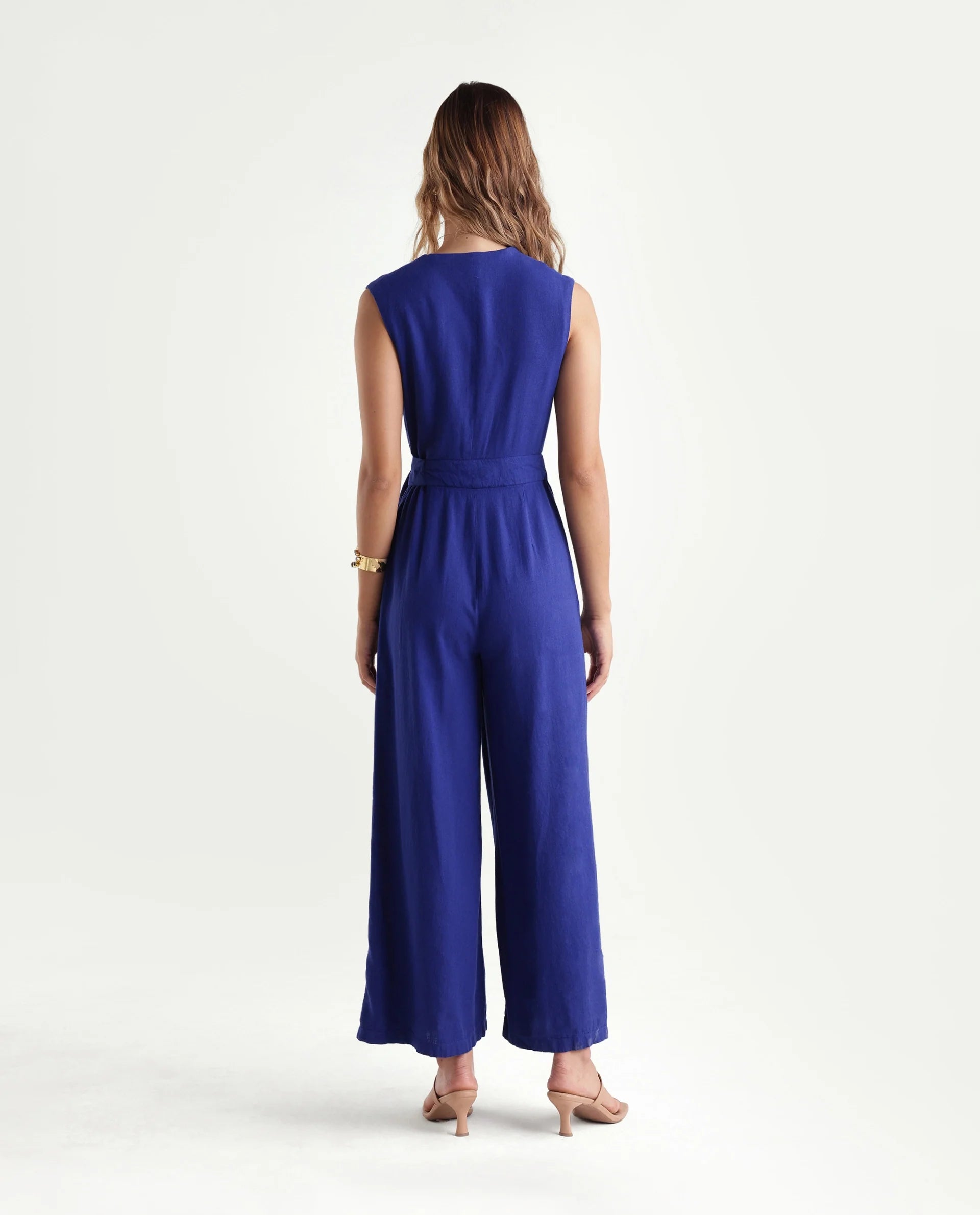 Rareism Women's Kento Navy Linen Blend Fabric Over Lap Regular Plain Jump Suit