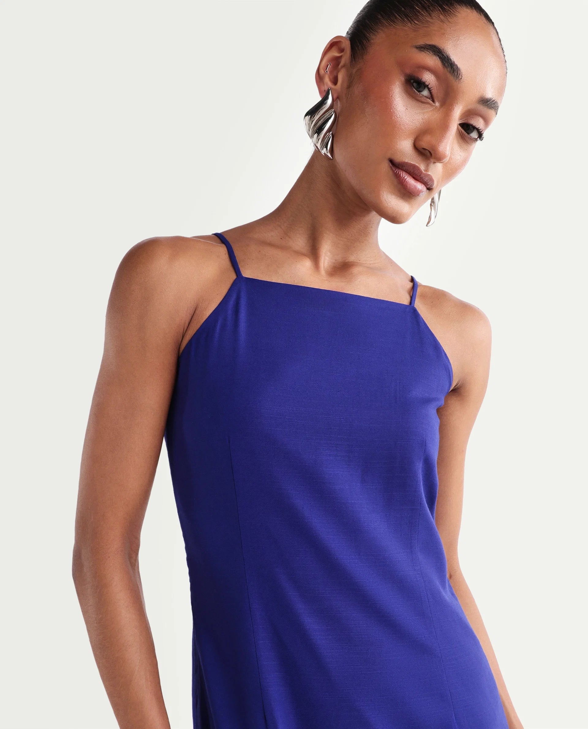 Rareism Women's Kira Navy Viscose Square Neck Fitted Plain Dress