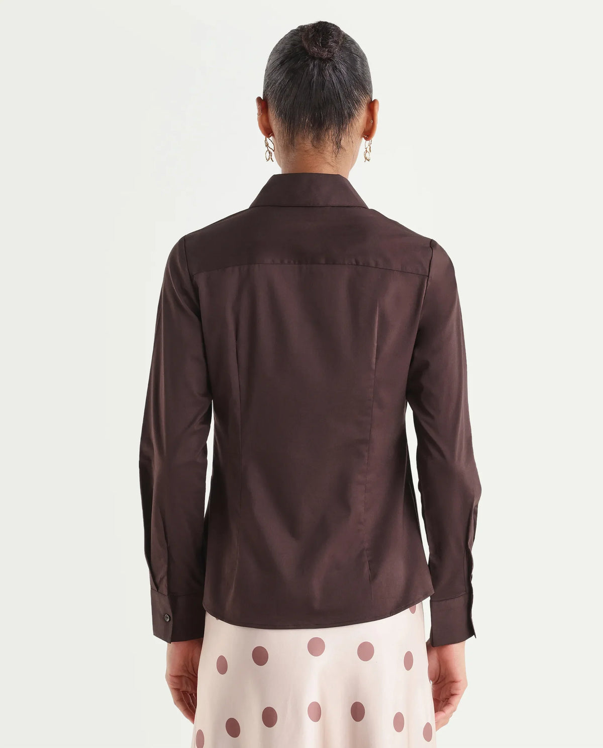 Rareism Women's Maven Brown Cotton Blend Spread Collar Fitted Plain Shirt
