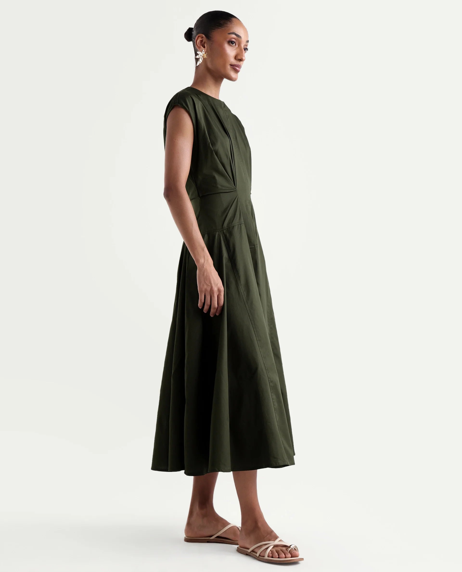 Rareism Women's Onky Olive Cotton Crew Neck Button Relaxed Plain Dress