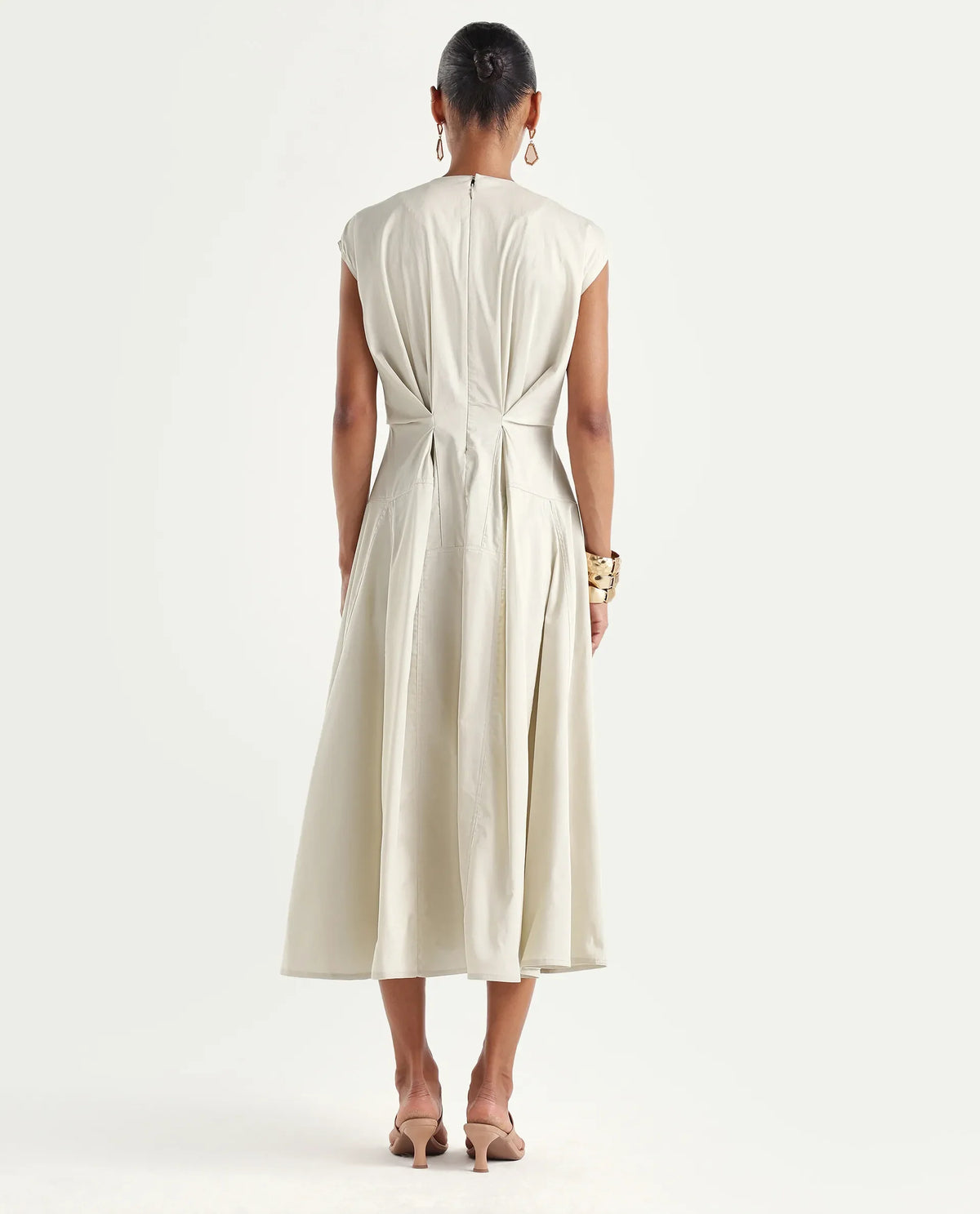 Rareism Women's Onky Beige Cotton Crew Neck Button Relaxed Plain Dress
