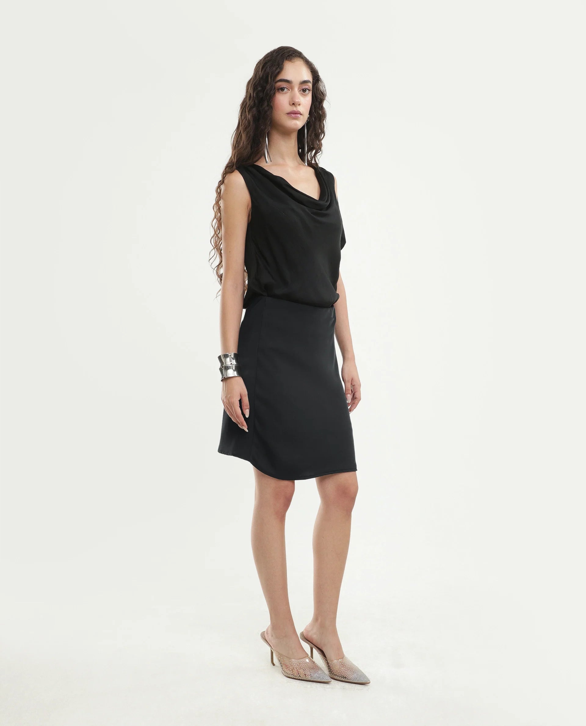 Rareism Women's Petir Black Polyester Elastic Bodycon Plain Skirt