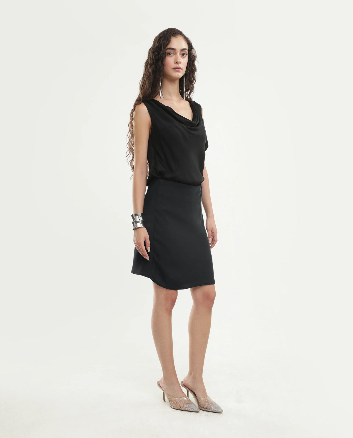 Rareism Women's Petir Black Polyester Elastic Bodycon Plain Skirt