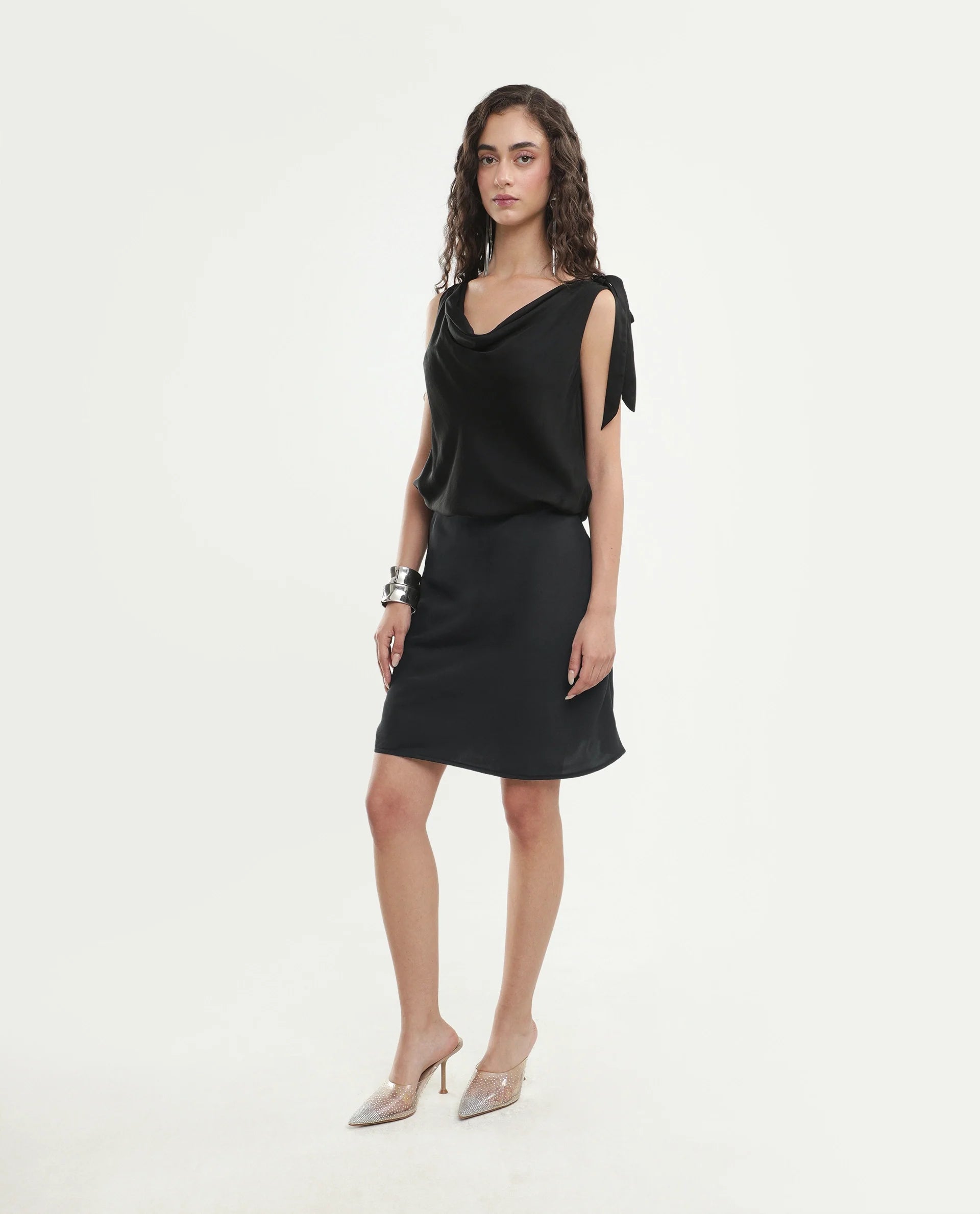 Rareism Women's Petir Black Polyester Elastic Bodycon Plain Skirt