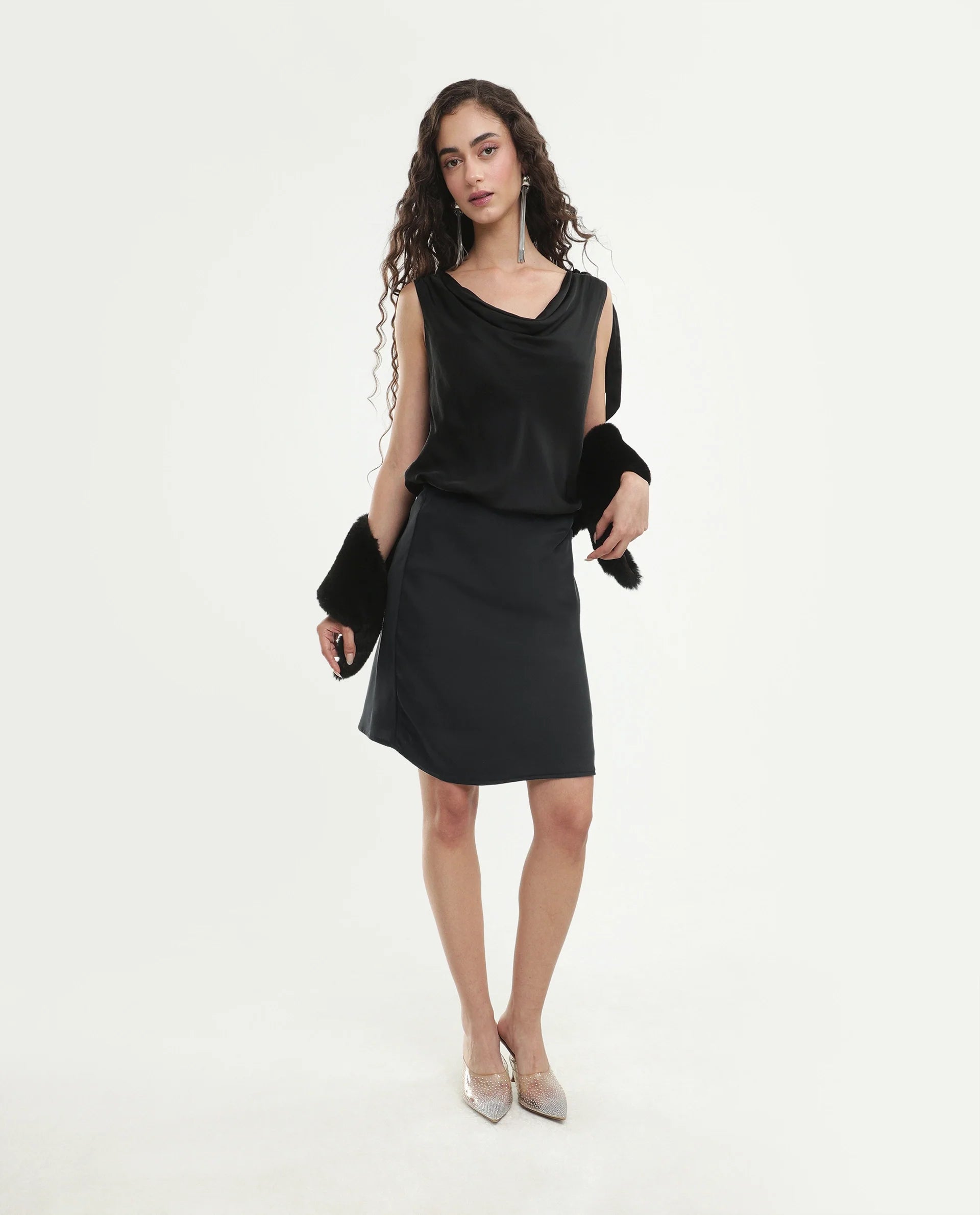 Rareism Women's Petir Black Polyester Elastic Bodycon Plain Skirt