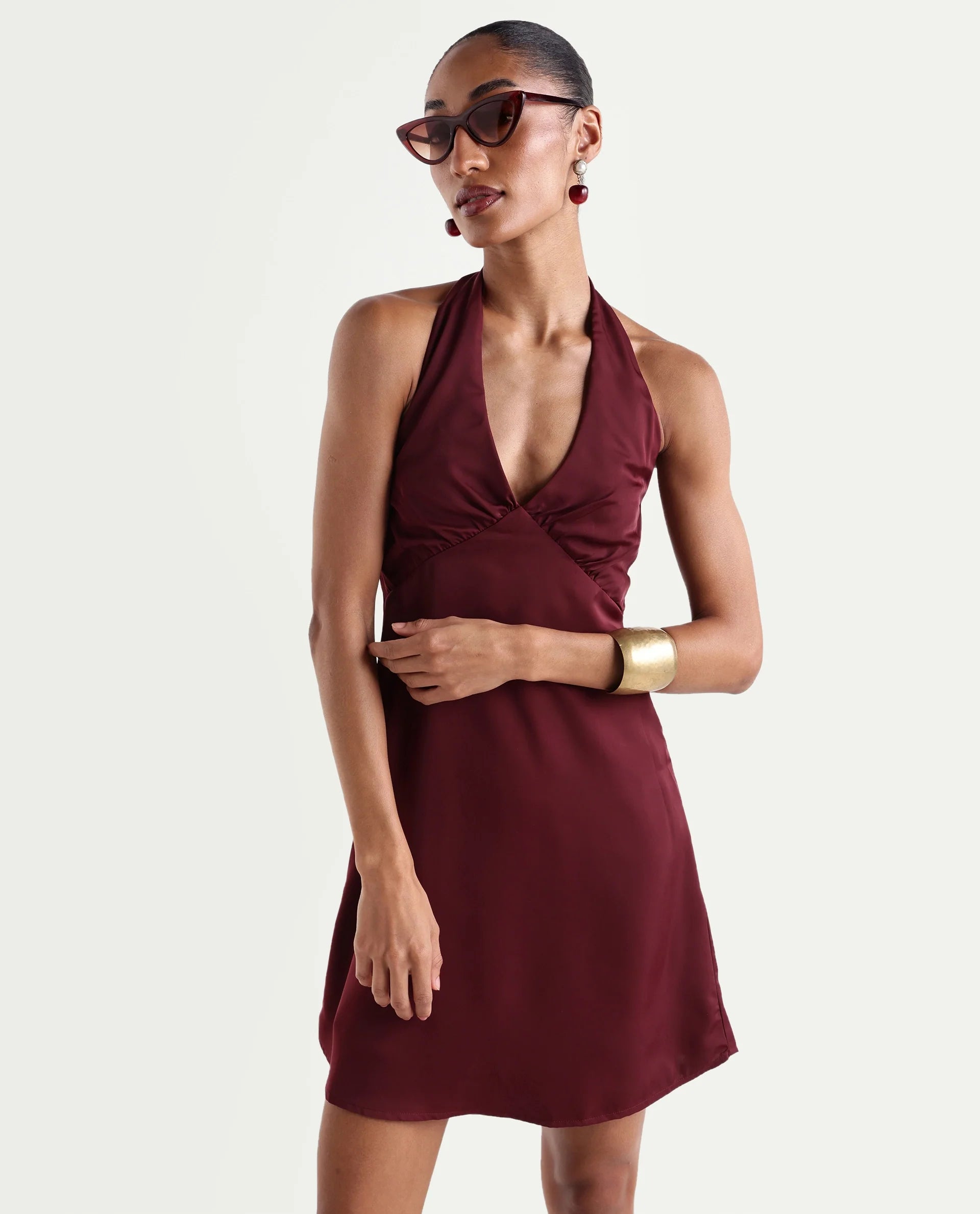 Rareism Women's Petun Dark Maroon Polyester Halter Neck Elastic Fitted Plain Dress