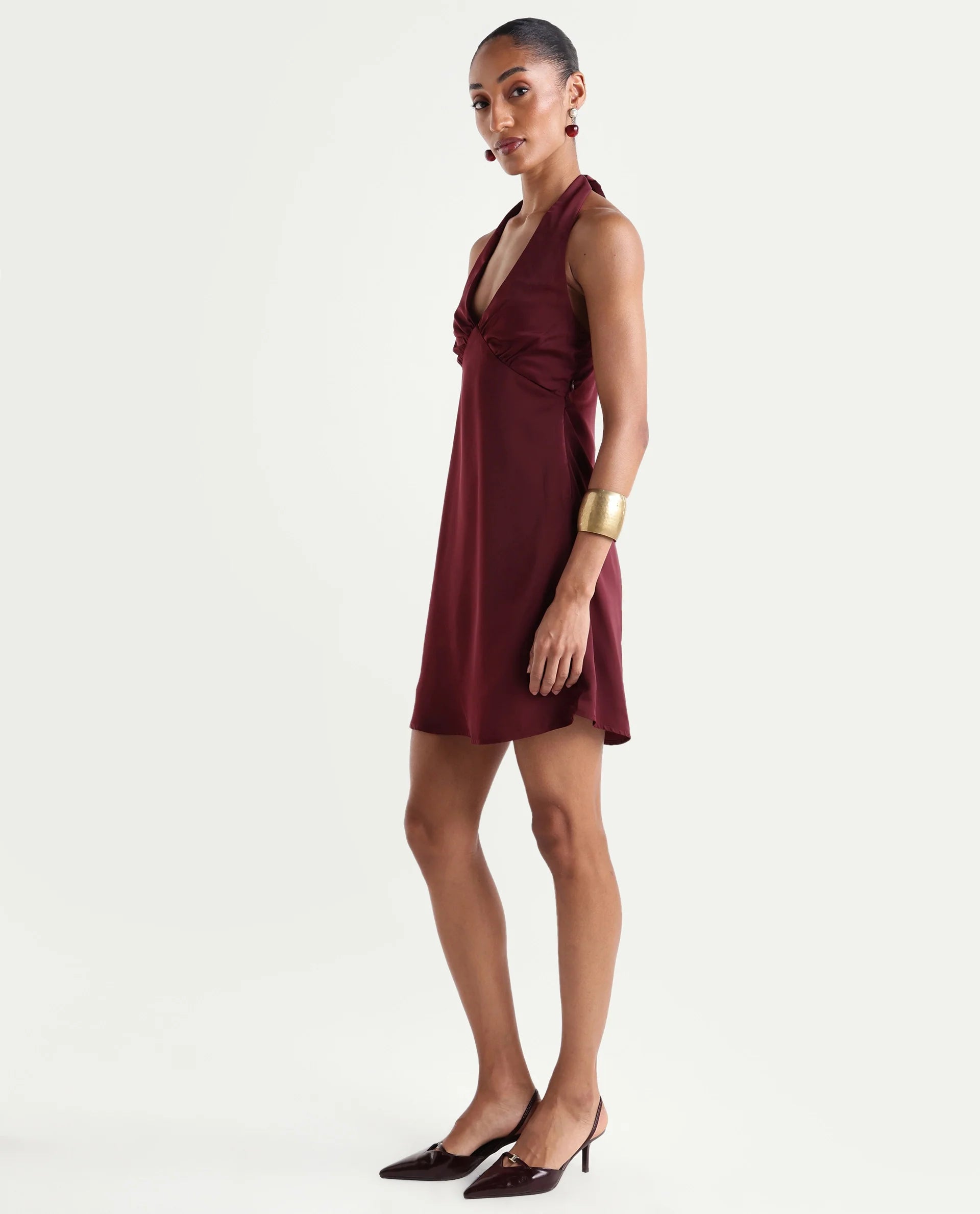 Rareism Women's Petun Dark Maroon Polyester Halter Neck Elastic Fitted Plain Dress
